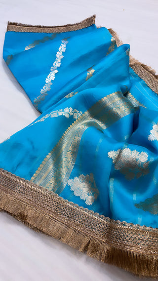 Firozi blue shade leela kora silk jungla saree