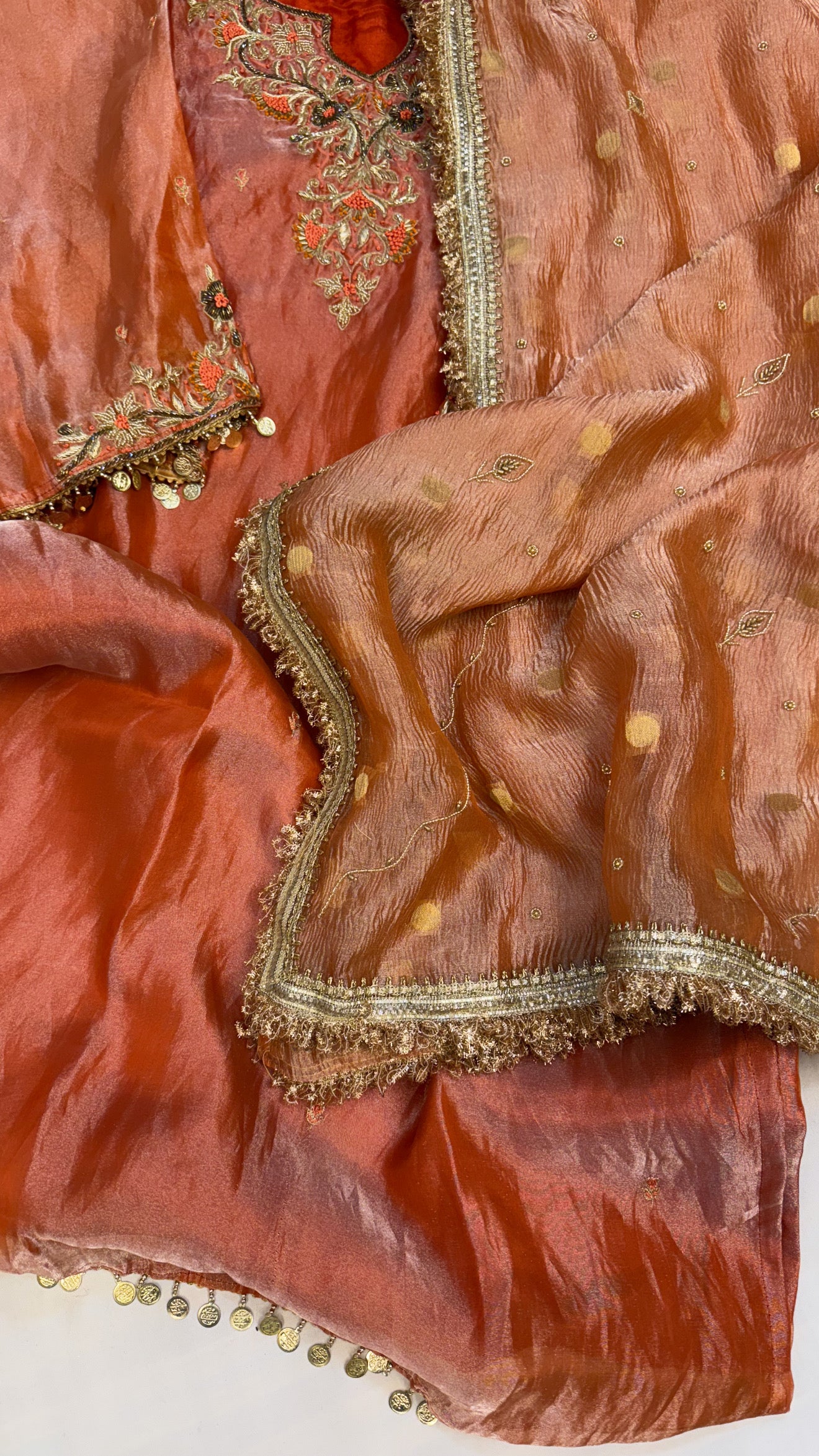 Dulhan ka joda - Chuski orange tissue silk heavy hand embroidered kadhwa gotapatti suit set