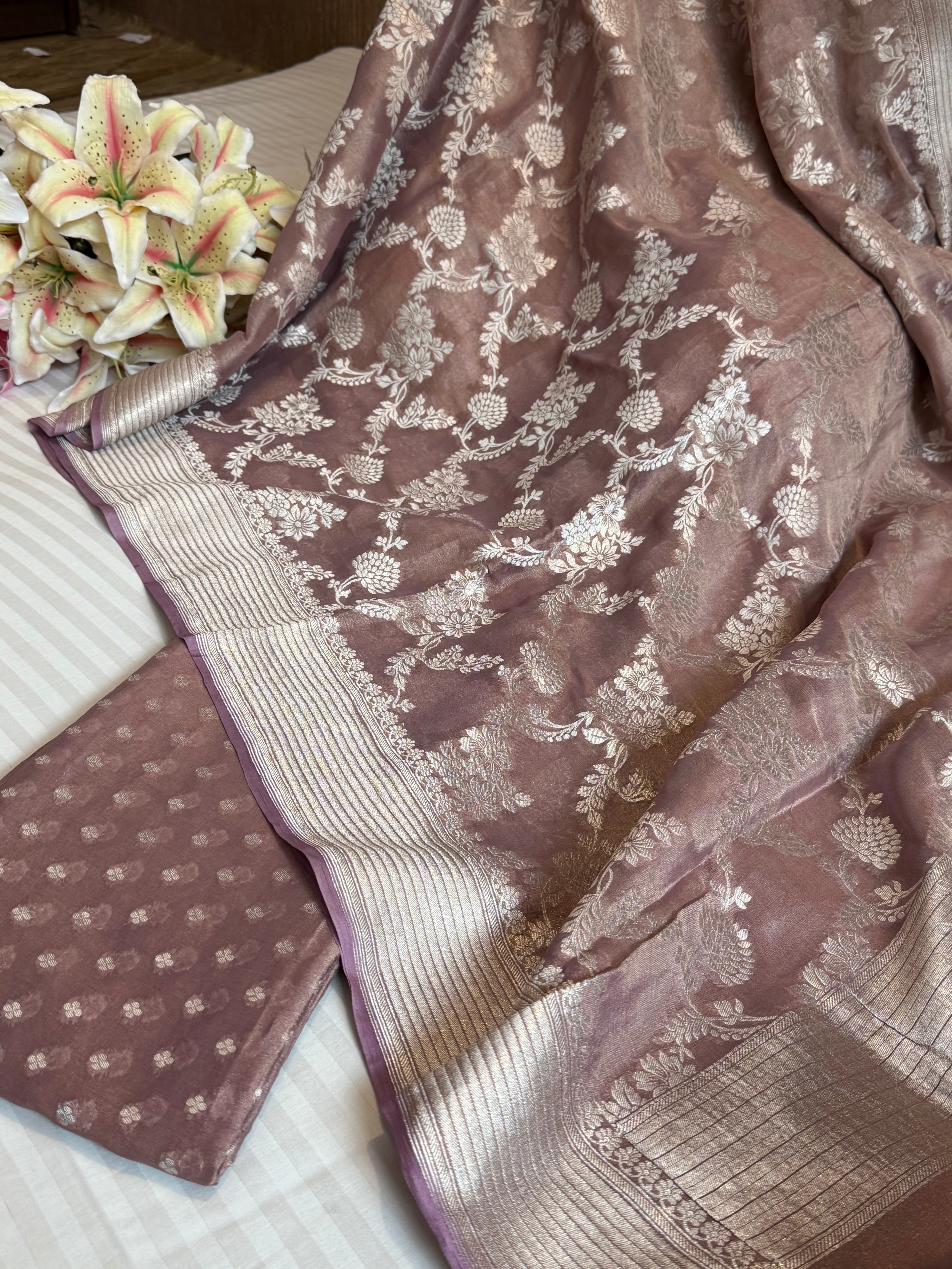 Rose peach banarasi silver zari tissue gorgette kadhwa buti suit sets