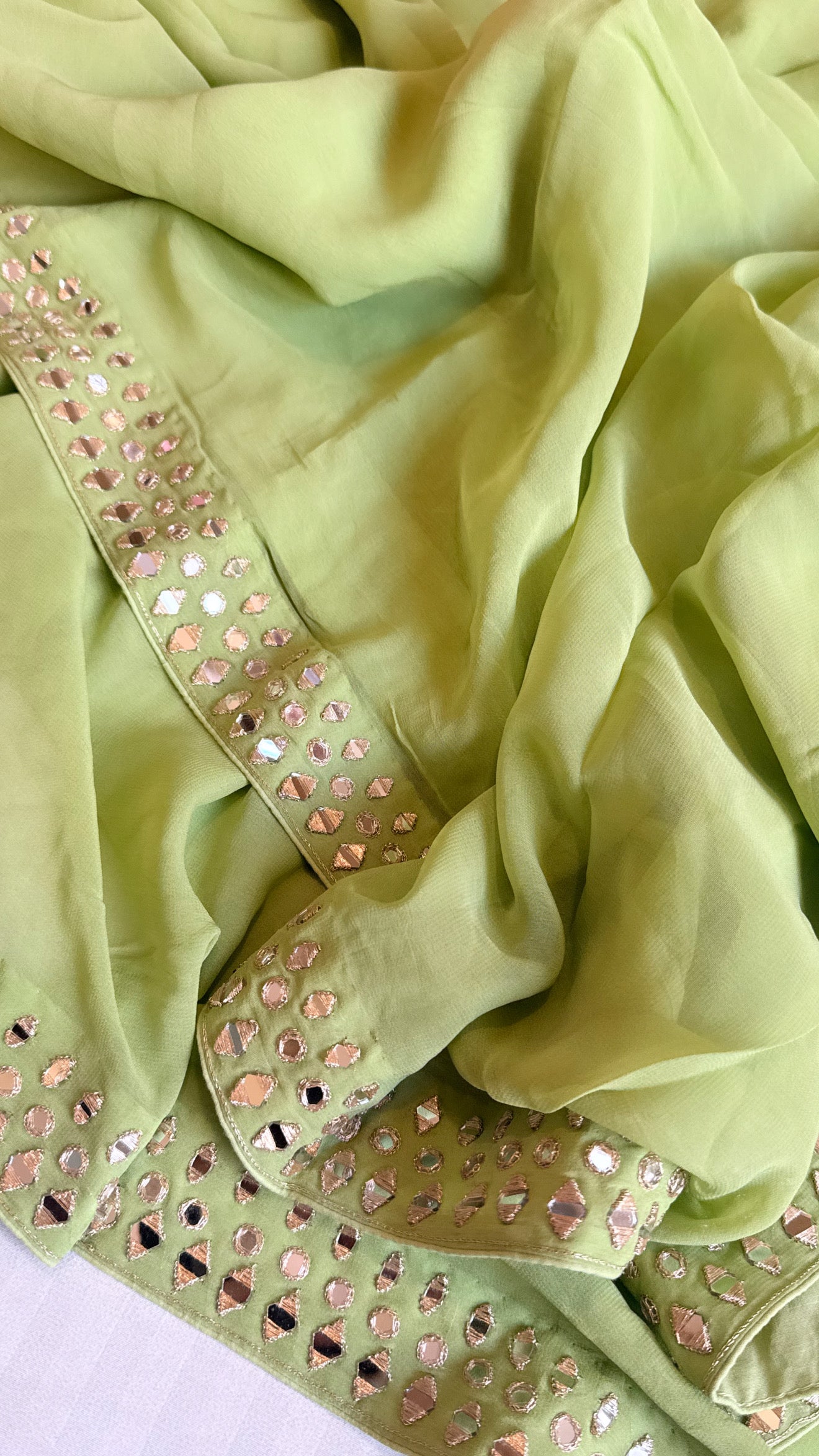 Mother’s Day offer - Candy green chiffon gorgette mirrorwork hand embroidered sarees