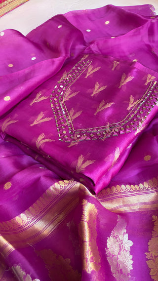 Banarasi purple kora silk hand embroidered kadhwa suit set