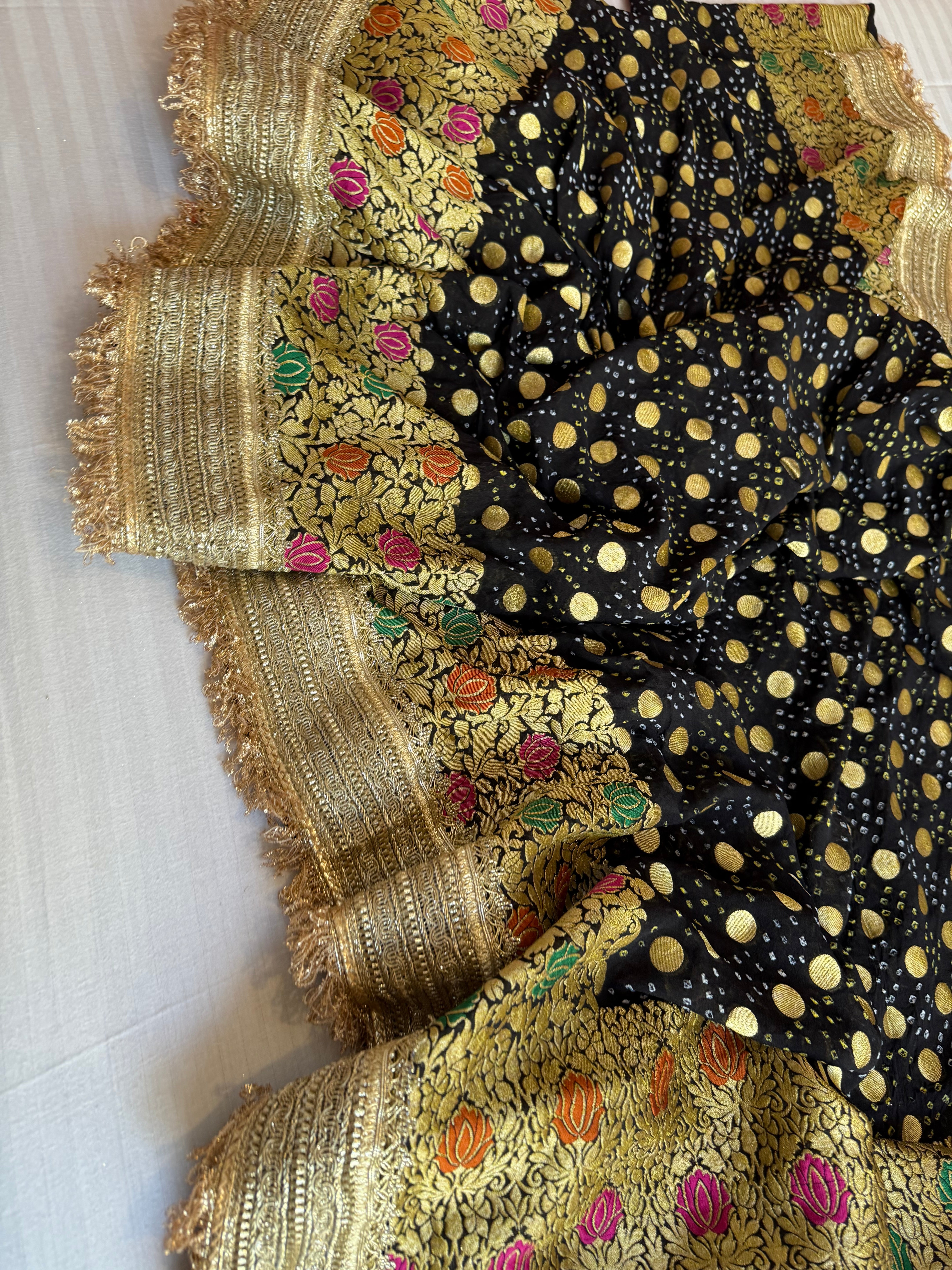 Black banarasi gorgette bandhej kadhwa meenakari saree