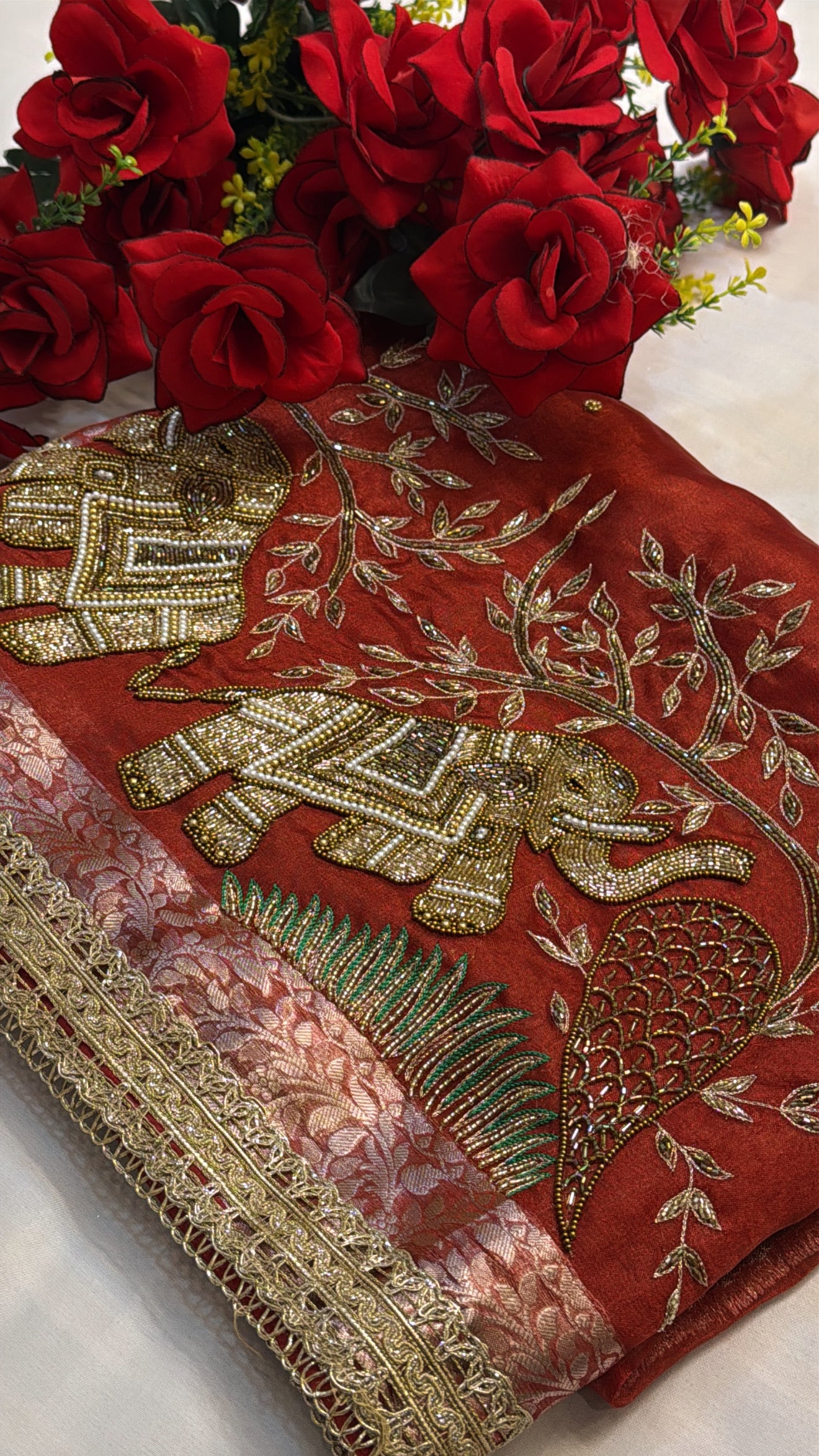 Dulhan ka joda red tissue silk hand embroidered kadhwa saree