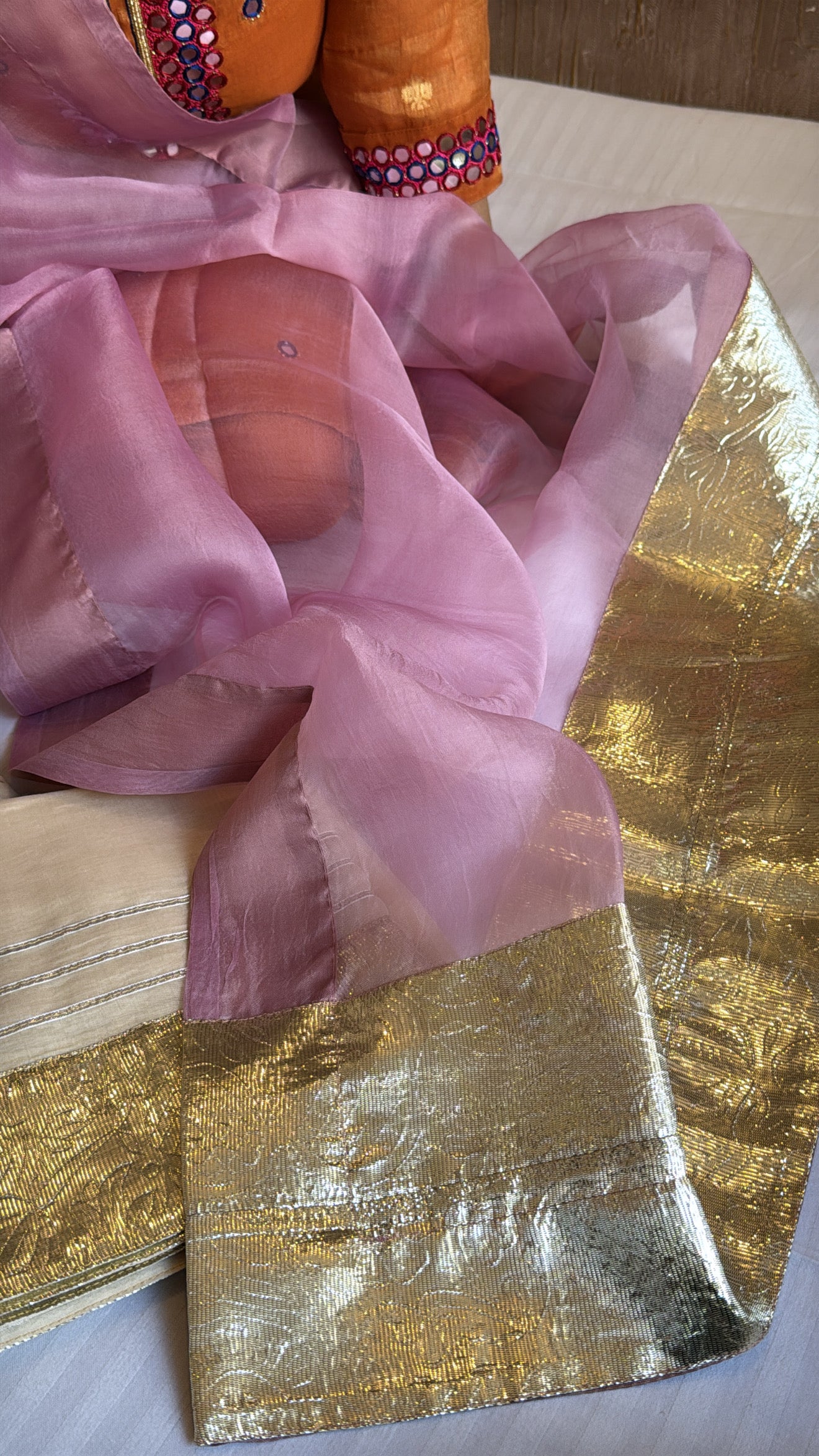 Ivory handloom cotton kadhwa jaal gotapatti suit paired with mouve kora silk gotapatti duppata set