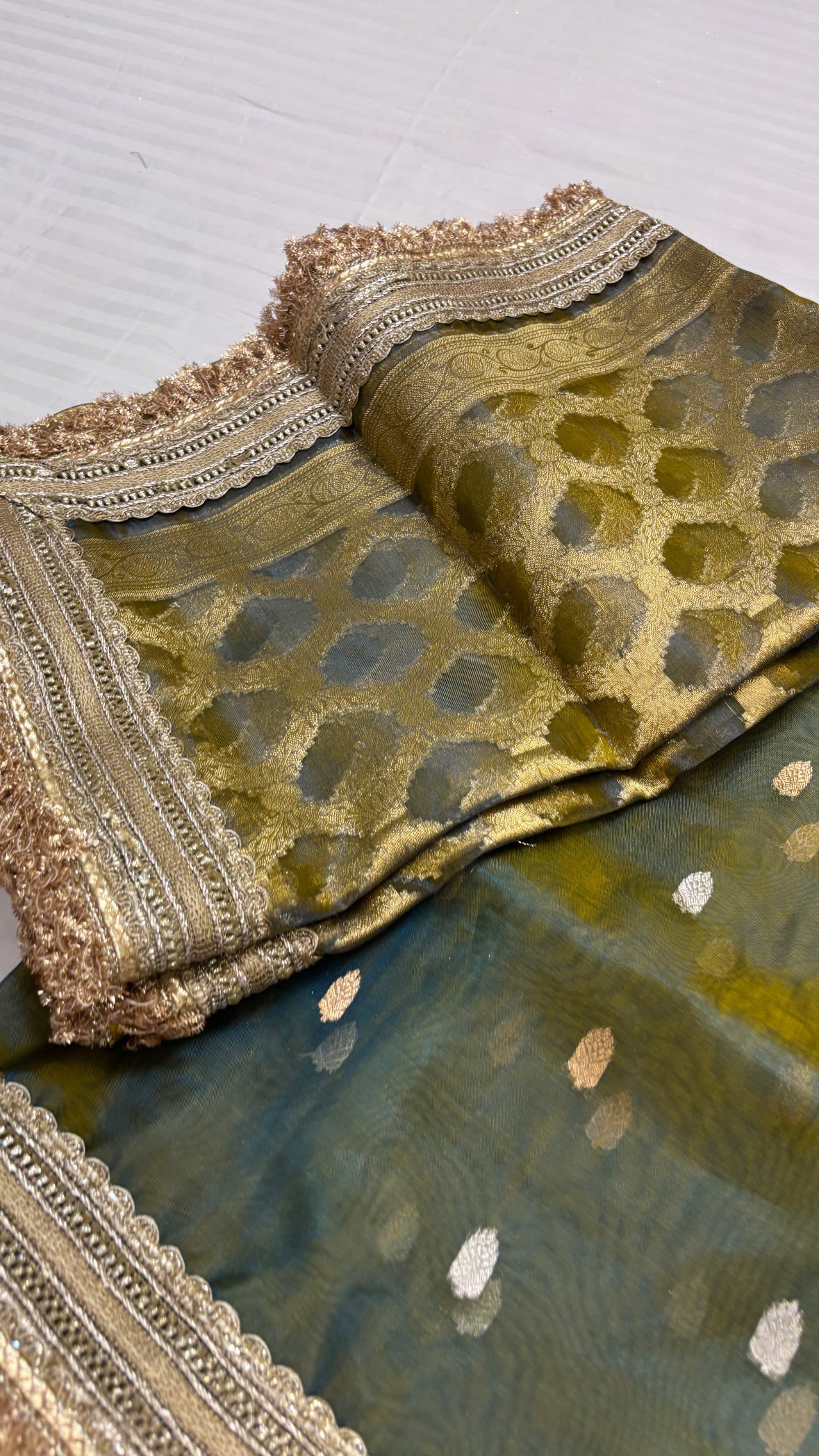 Moss greenish blue dhup chao effect maharani tissue silk saree with maharani tissue silk duppata