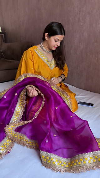 Haldi yellow-purple stitched hand embroidered kadhwa silk suit set from vyaah wala ghar edit