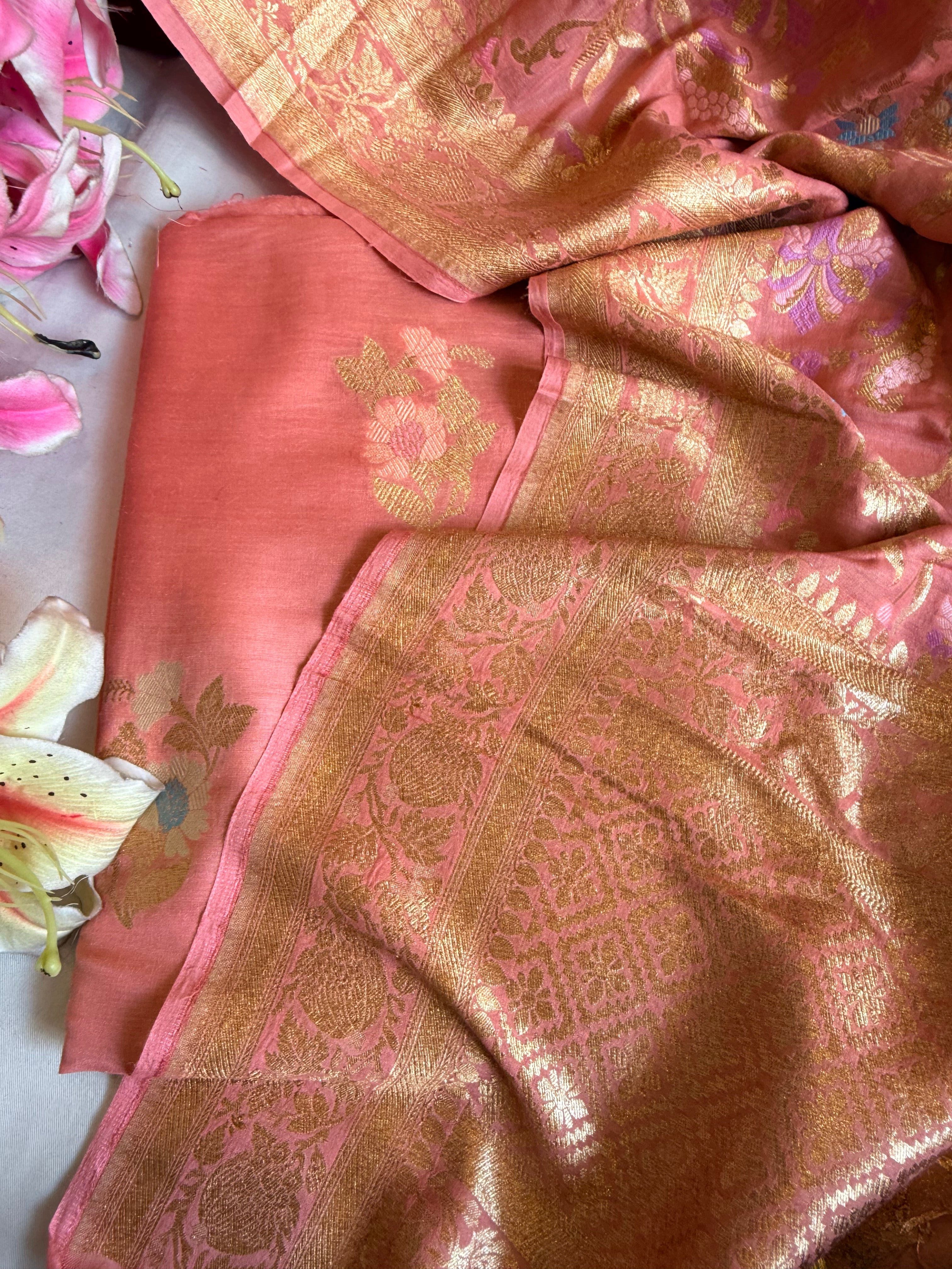 Banarasi blush peach moonga silk kadhwa meenakari suit set