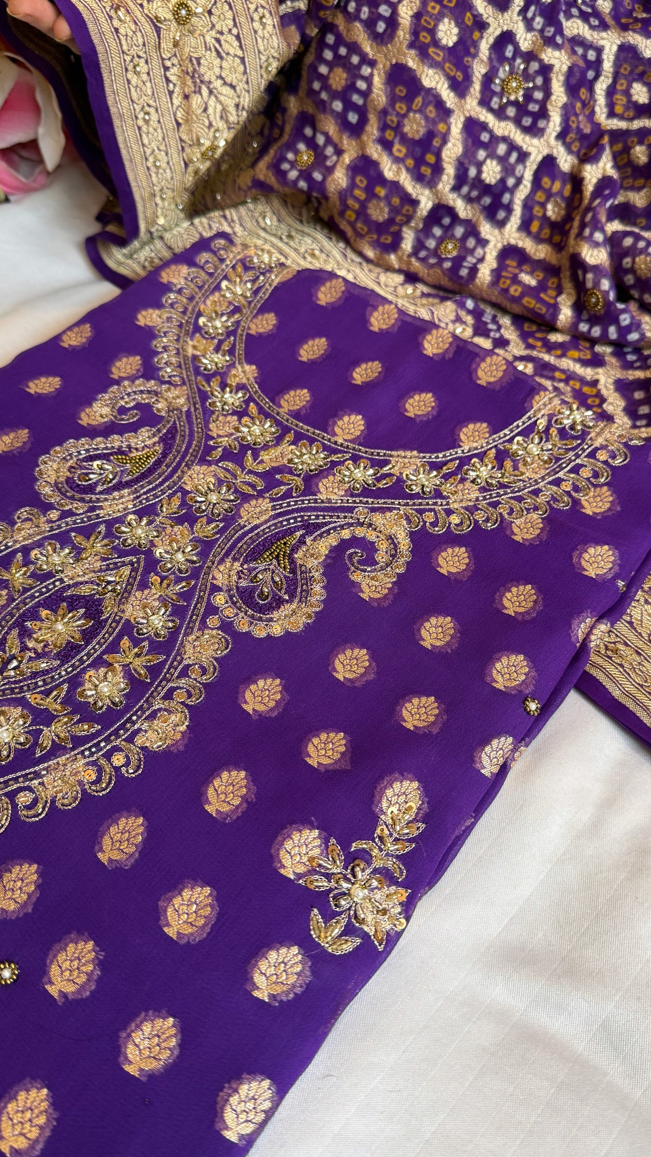 Deep purple rai bandhej Banarasi gorgette kadhwa hand embroidered suit set