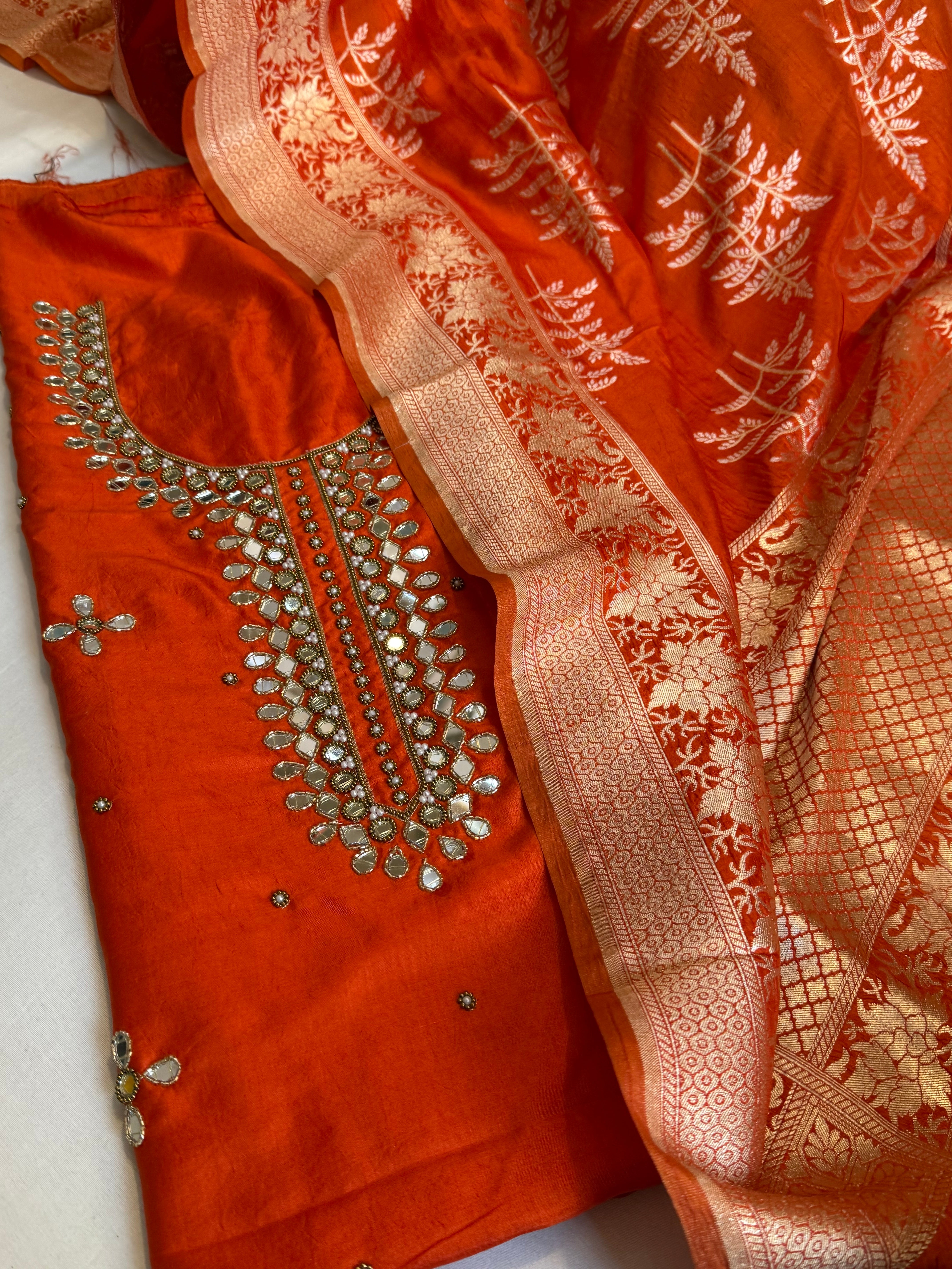 Sheesham fanta orange mirror work hand embroidered katan silk suit set