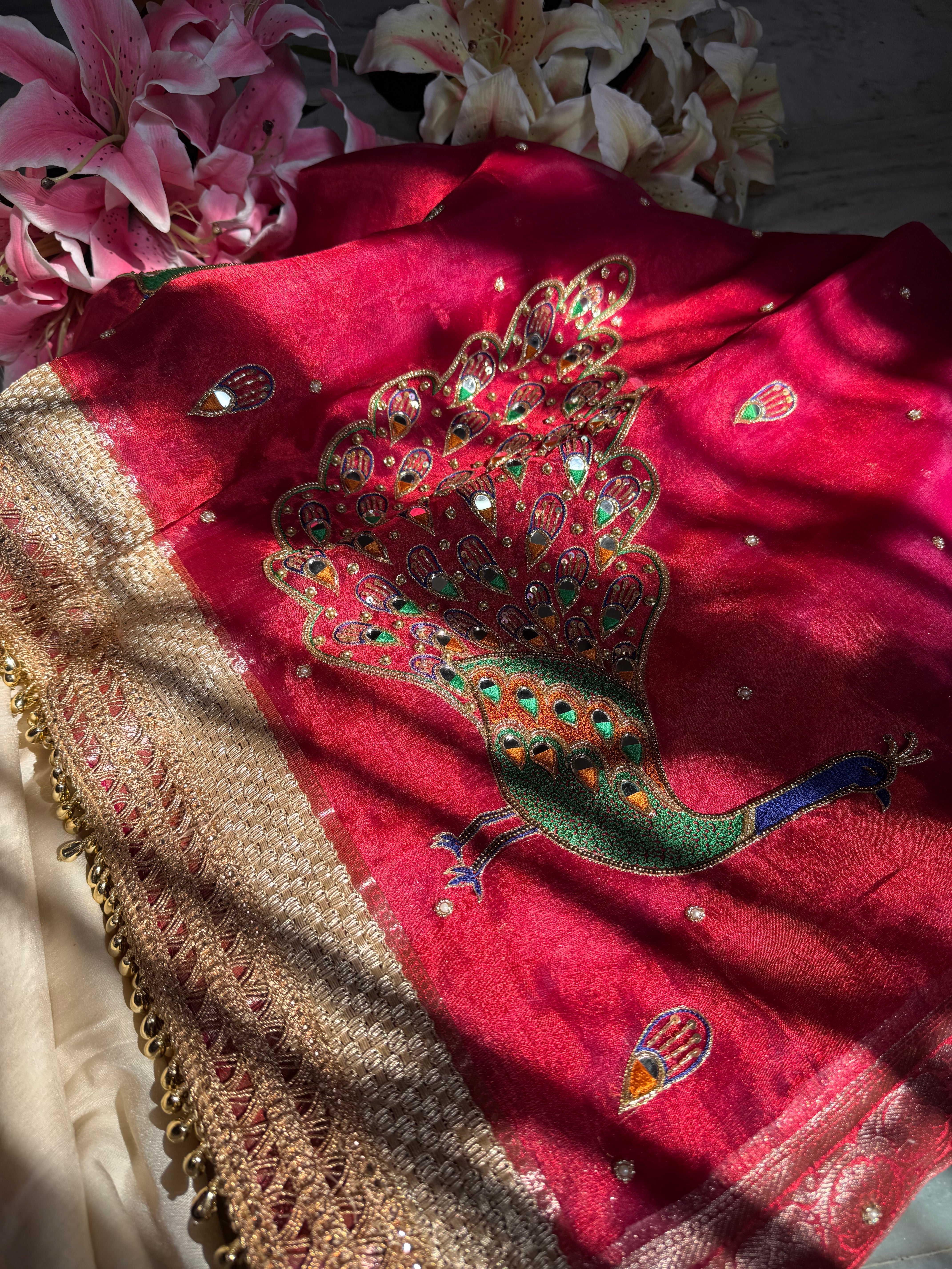 Vidai ka din - Husn cranberry pink heavy meenakari peacock work tissue silk saree