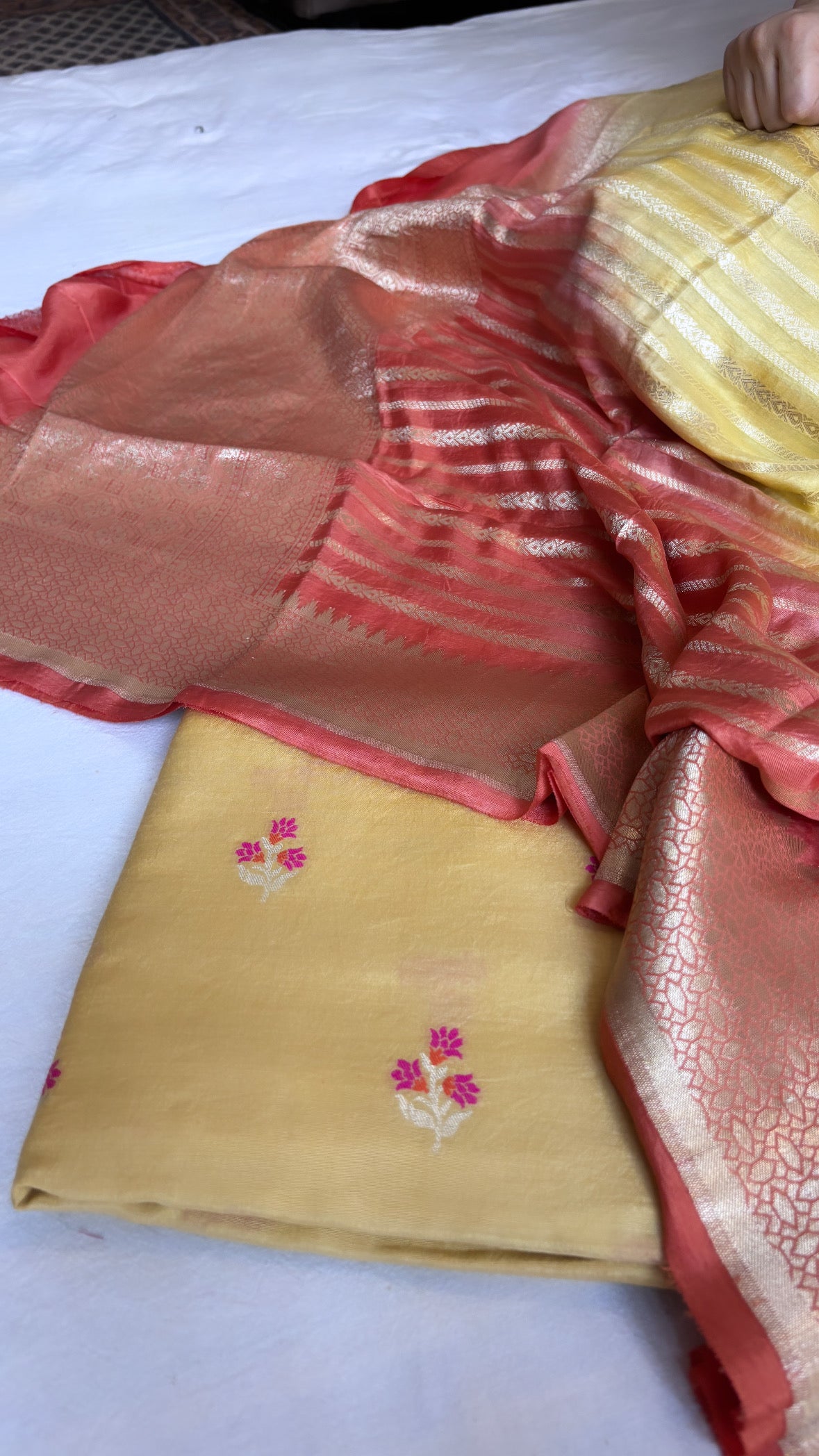 Meher sunset yellow moonga silk ombre shaded suit set