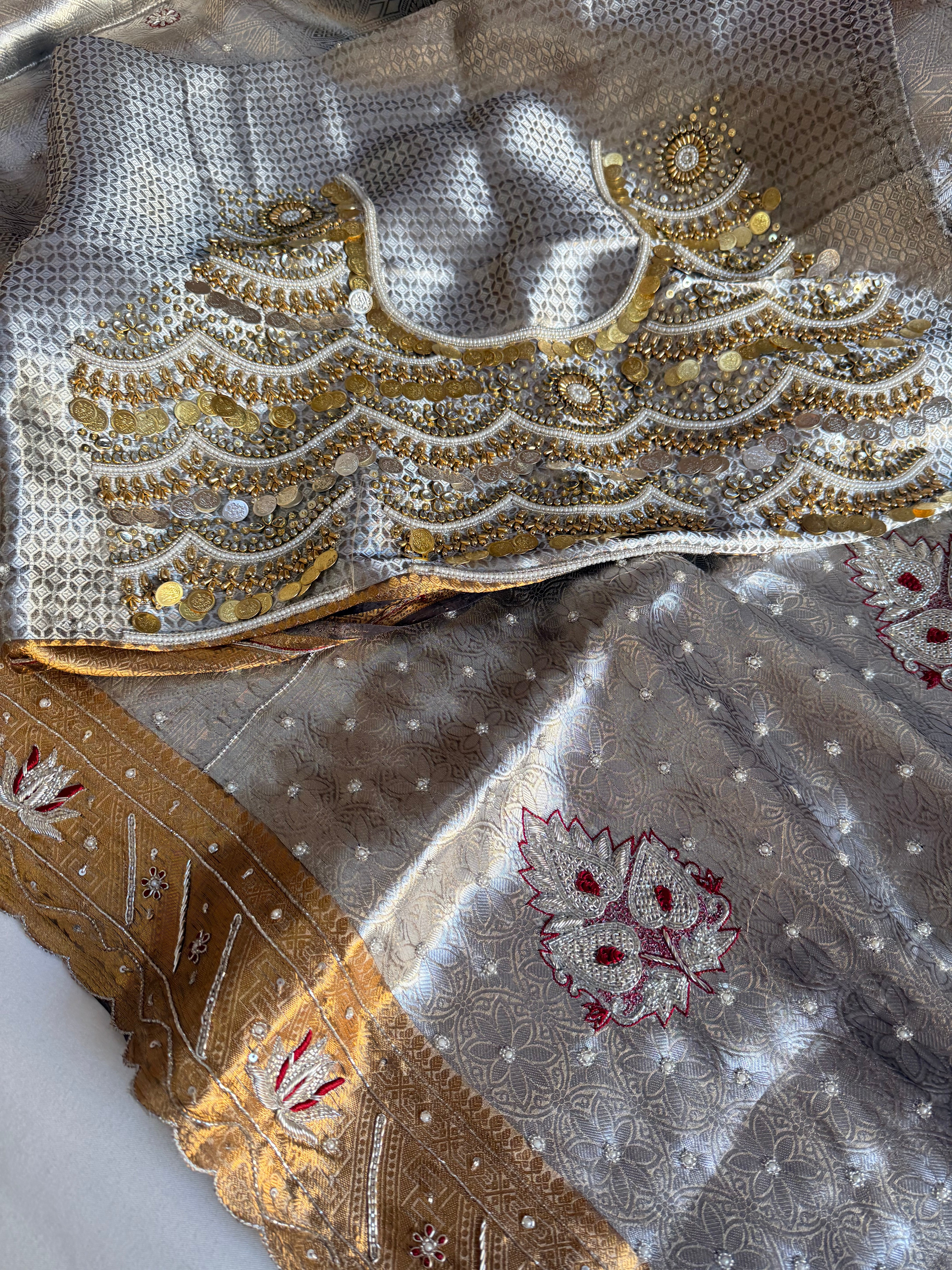 Kanjivaram brocade banarasi tissue silk sona rupa hand embroidered saree