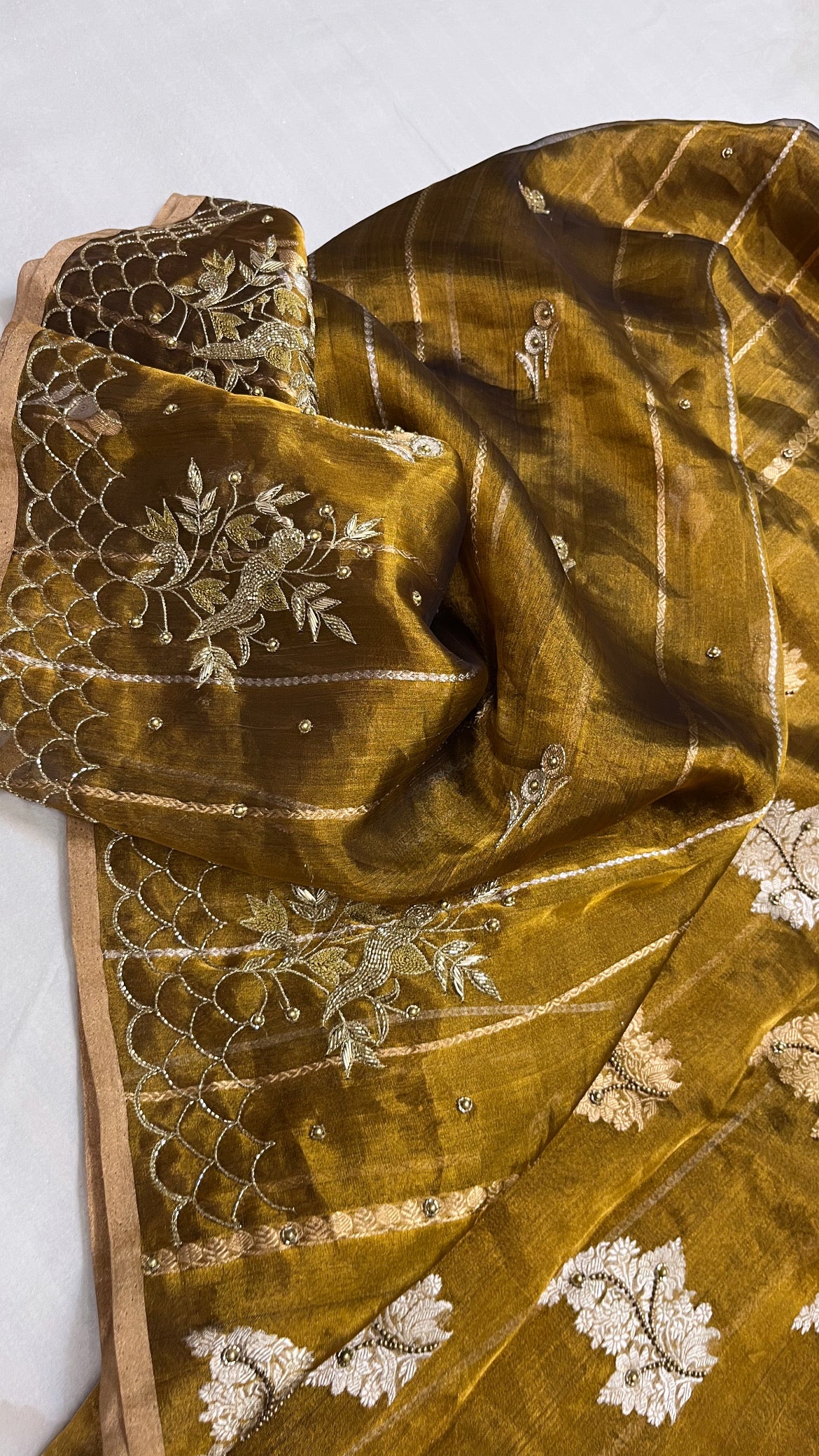 Husn metallic gold tissue silk hand embroidered saree