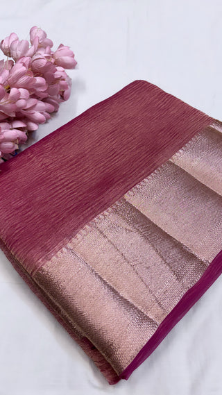 Pure banarasi cherry pink crushed tissue silk handwoven kadhwa saree with intricate border and kadhwa blouse