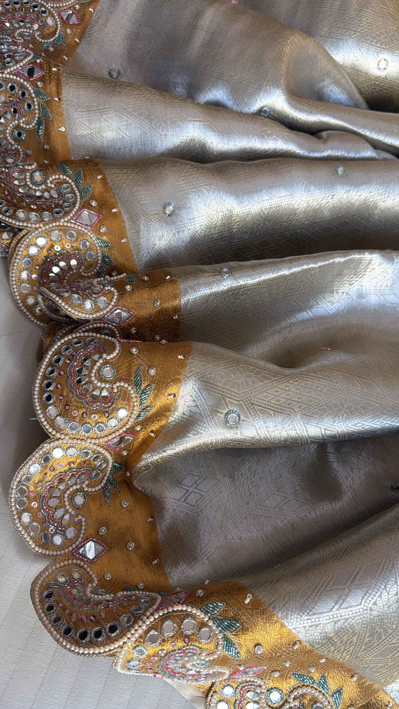 Kanjivaram inspired pure banarasi sona rupa border heavy mirror work and zardozi hand embroidered saree