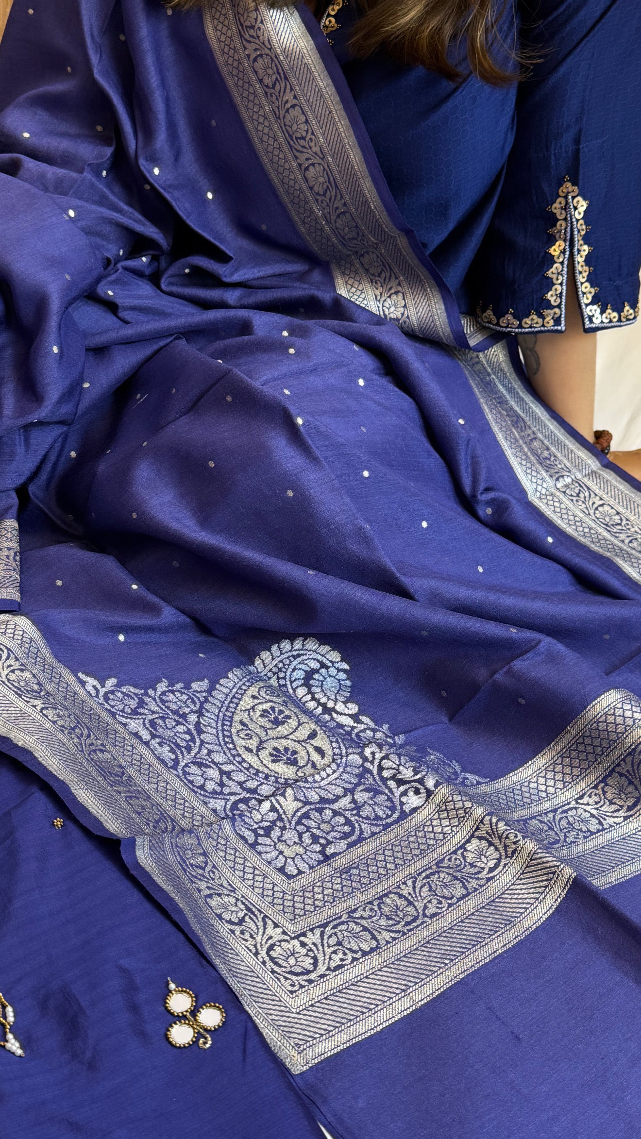 Sheesham navy blue mirror work katan silk kadhwa suit set