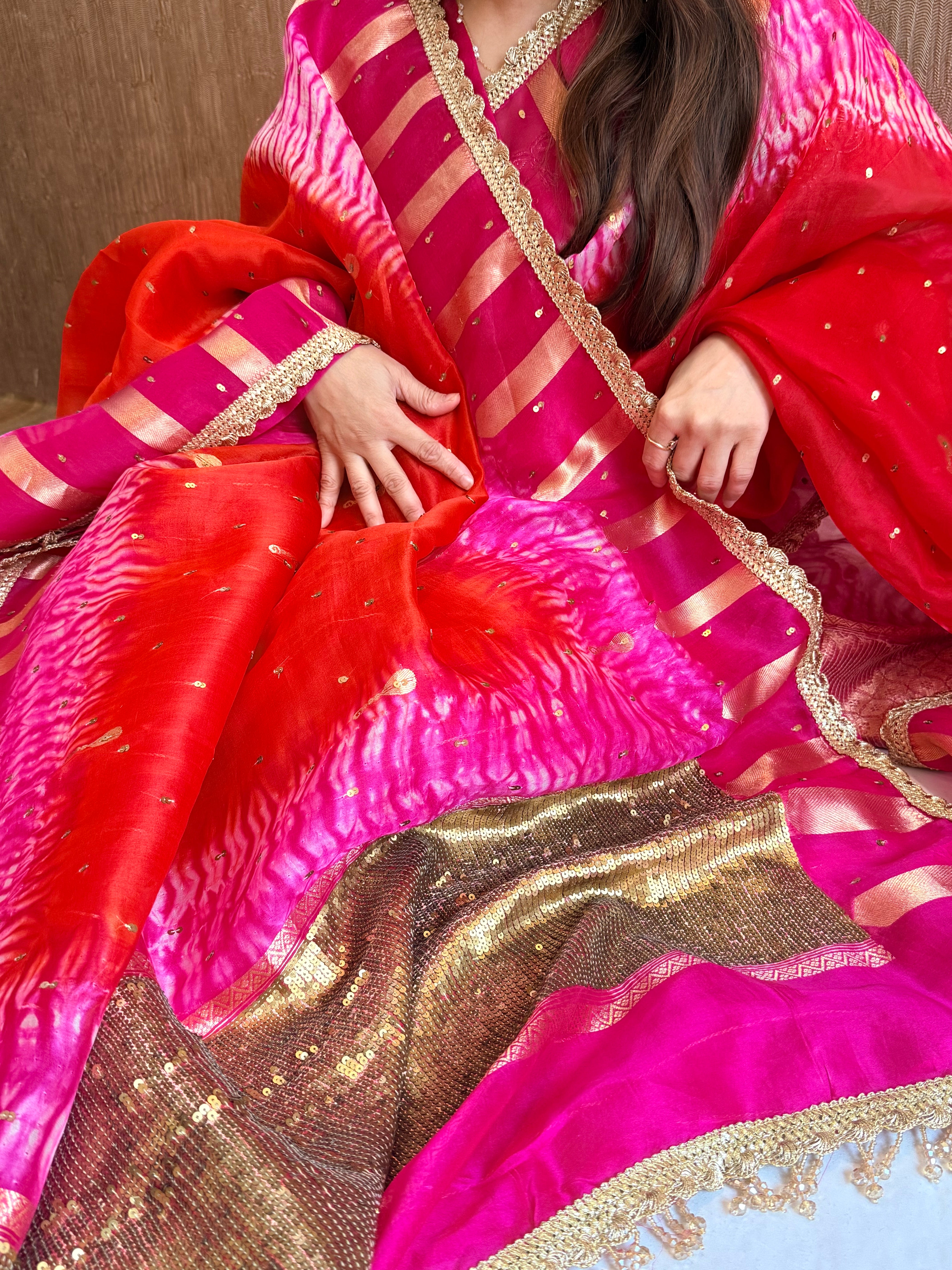 Shibori dye kora silk salma sitara work hand embroidered sequins saree