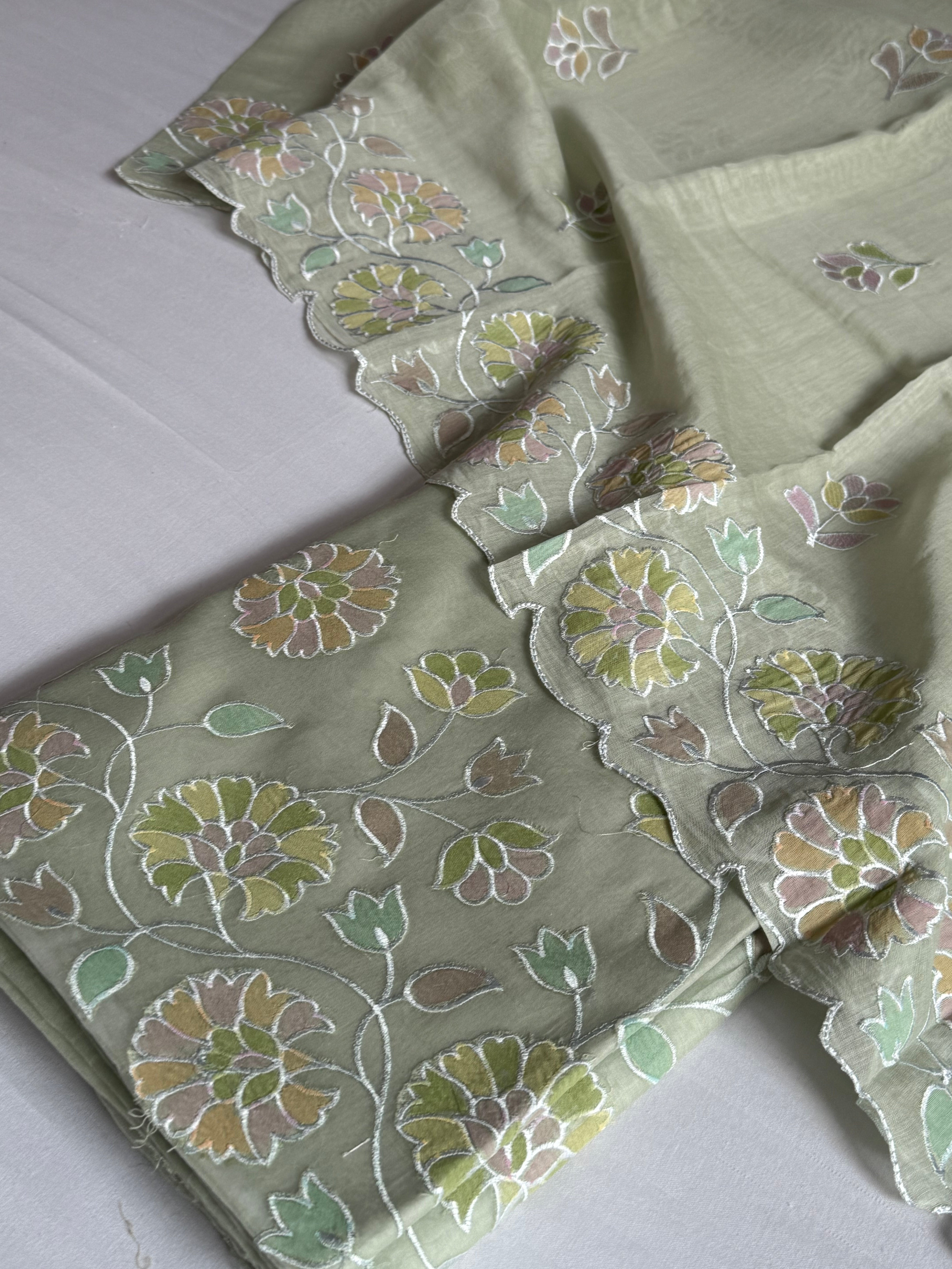 Sage green mul banarasi cotton brush dyed appliqué work suit set