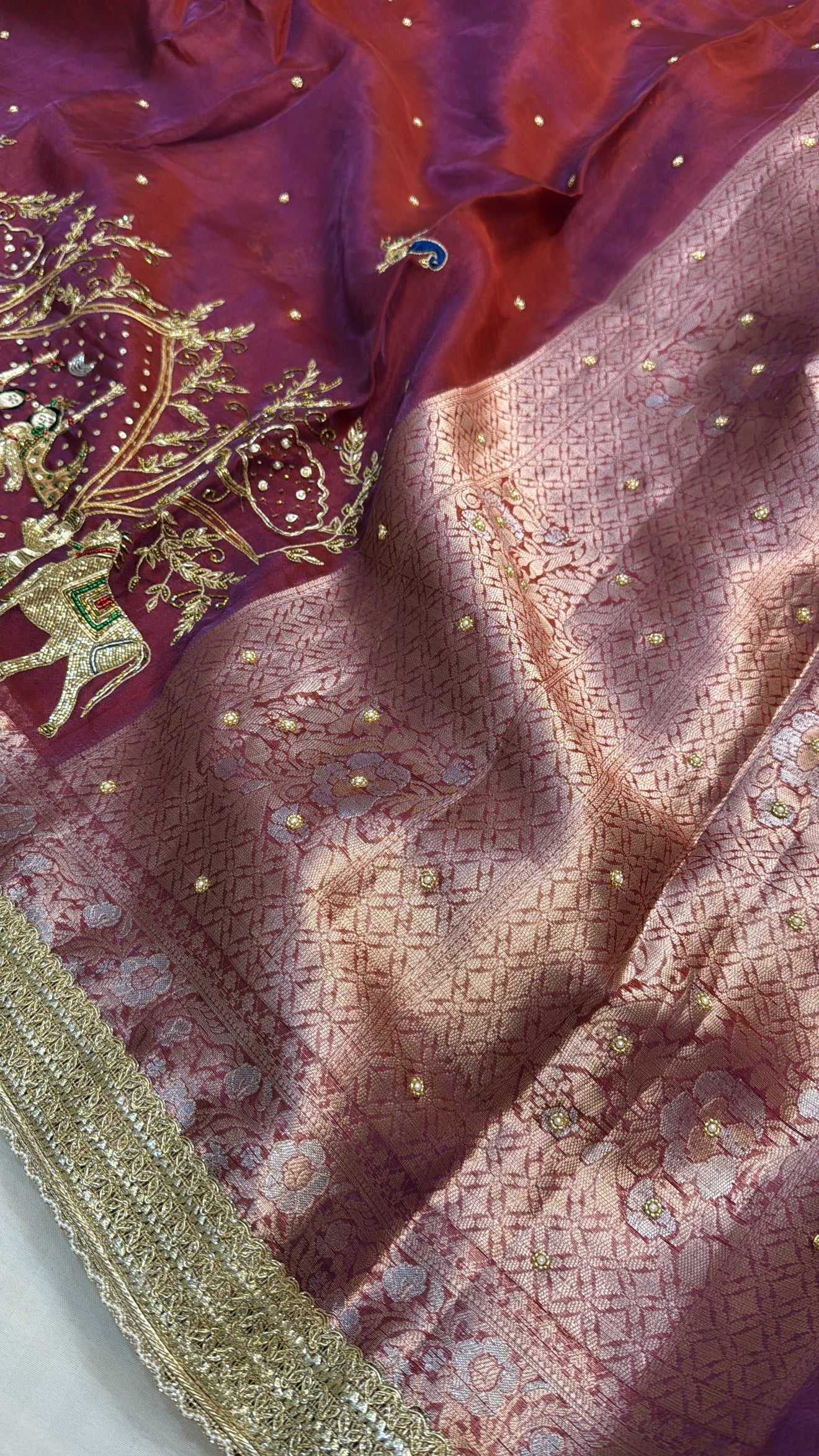 Maroonish dhup chao red tissue silk hand embroidered kadhwa rasleela saree