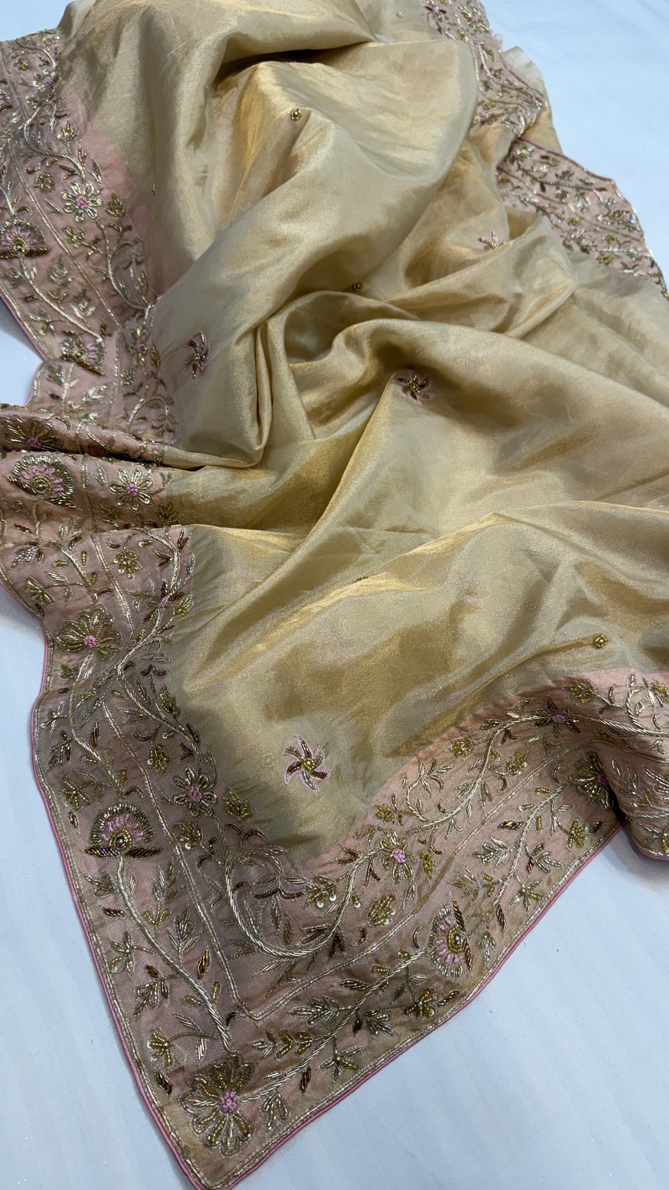 Gulab ki pankhuri husn tissue silk heavy zardozi border hand embroidered saree