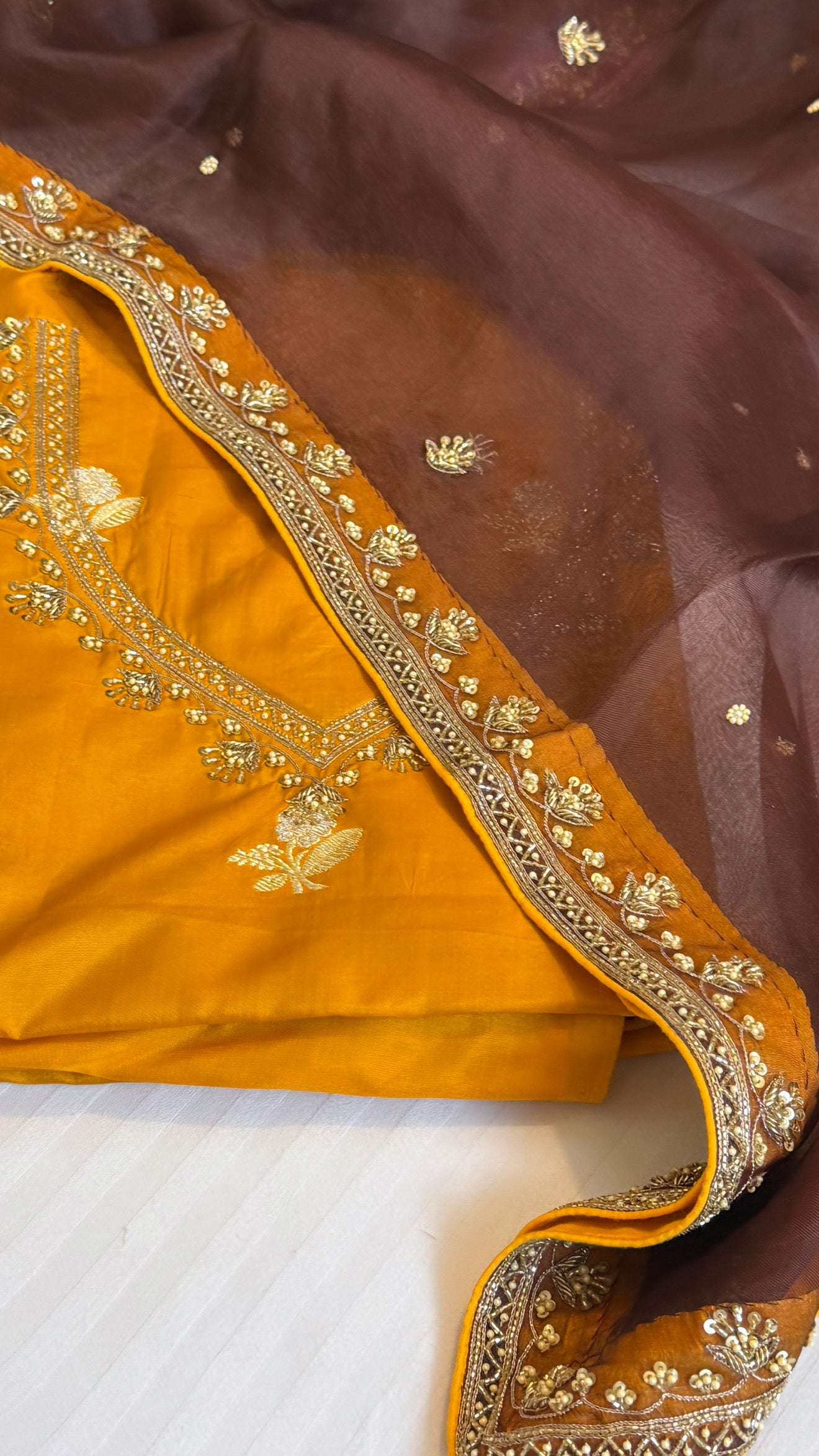 Olive mustard - brown shade katan silk hand embroidered kurta paired with kora silk zardozi duppata