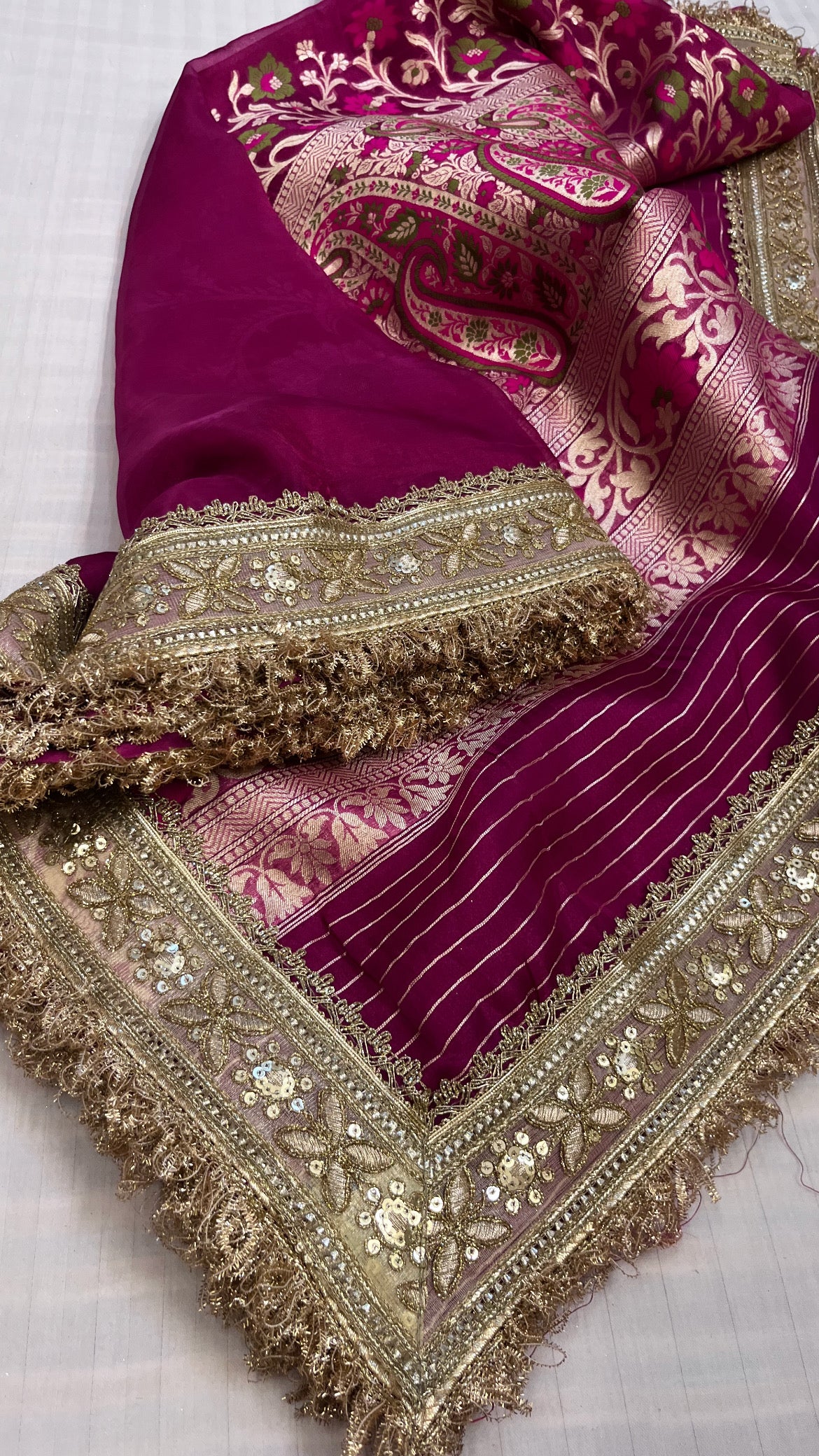 Maharani cranberry pink tissue tanchoi jamevar meenkari saree