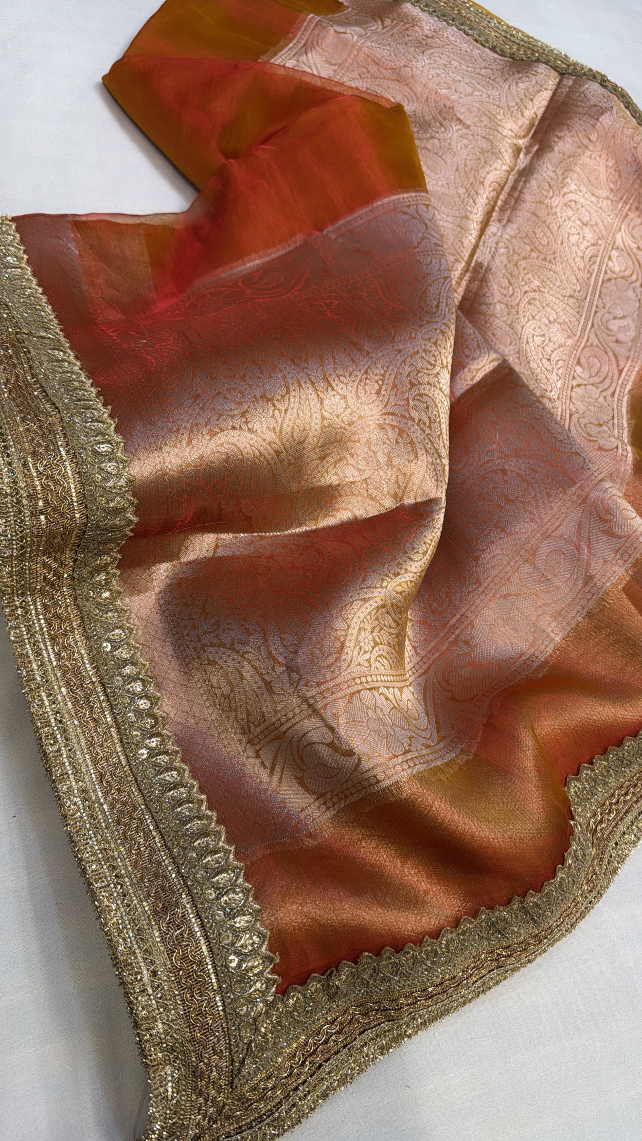Maharani sunset orange tissue silk saree