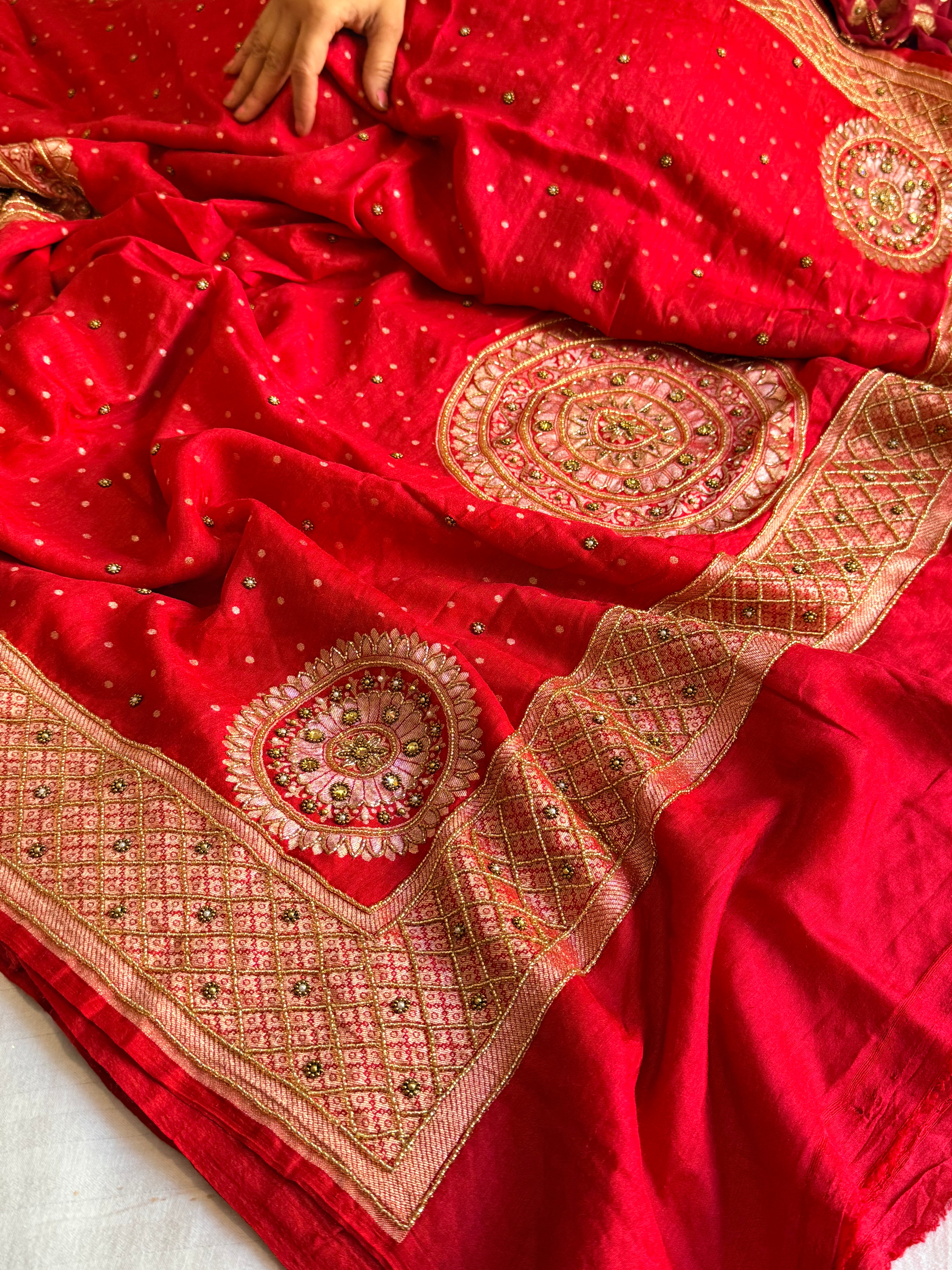 Banarasi sindoor red moonga silk hand embroidered kadhwa saree