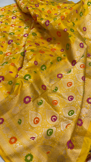 Golden yellow katan kadhwa silk heavy meenakari duppata