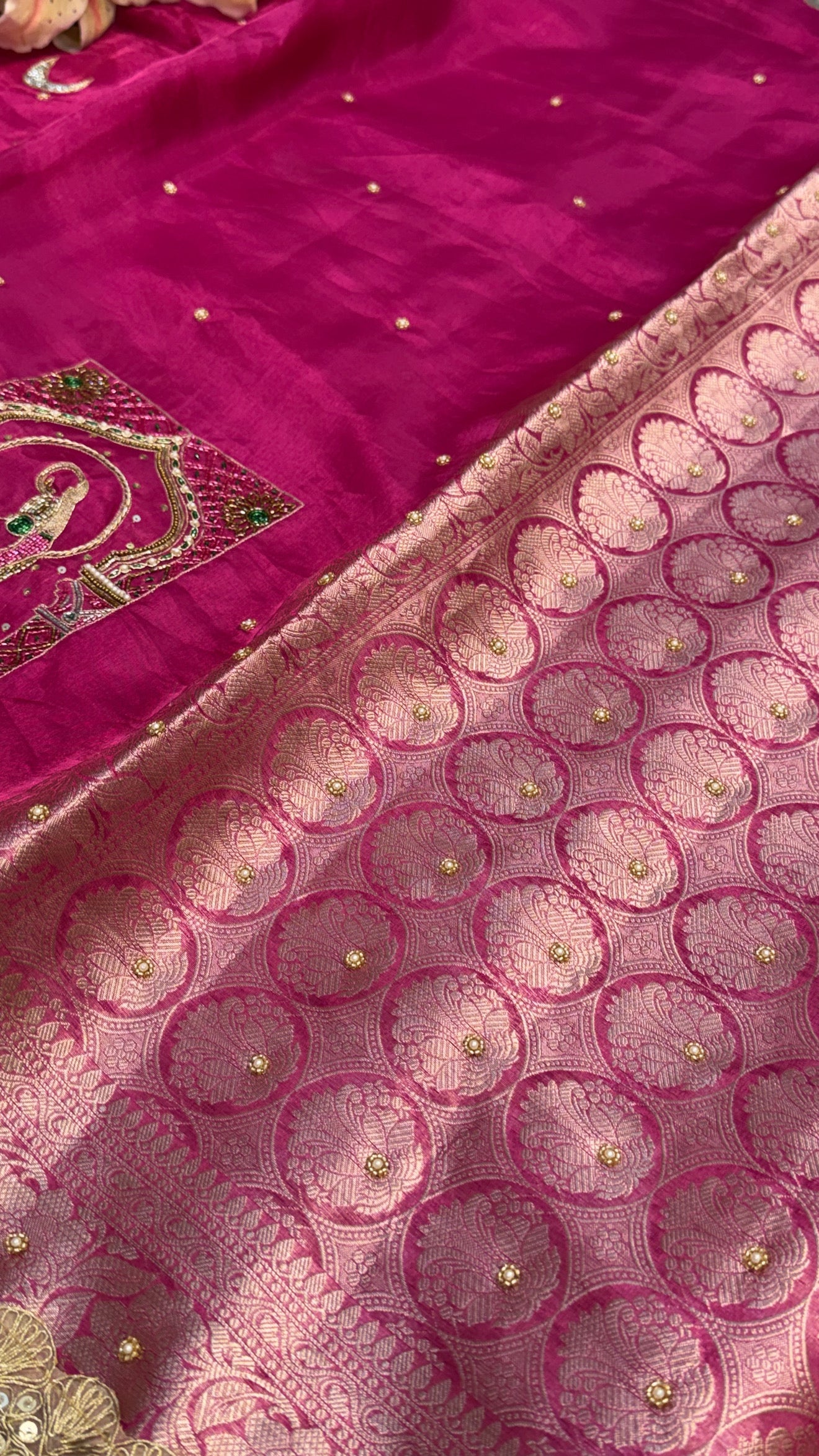 Karwachauth special - Hot metallic pink tissue silk hand embroidered meenakari saree