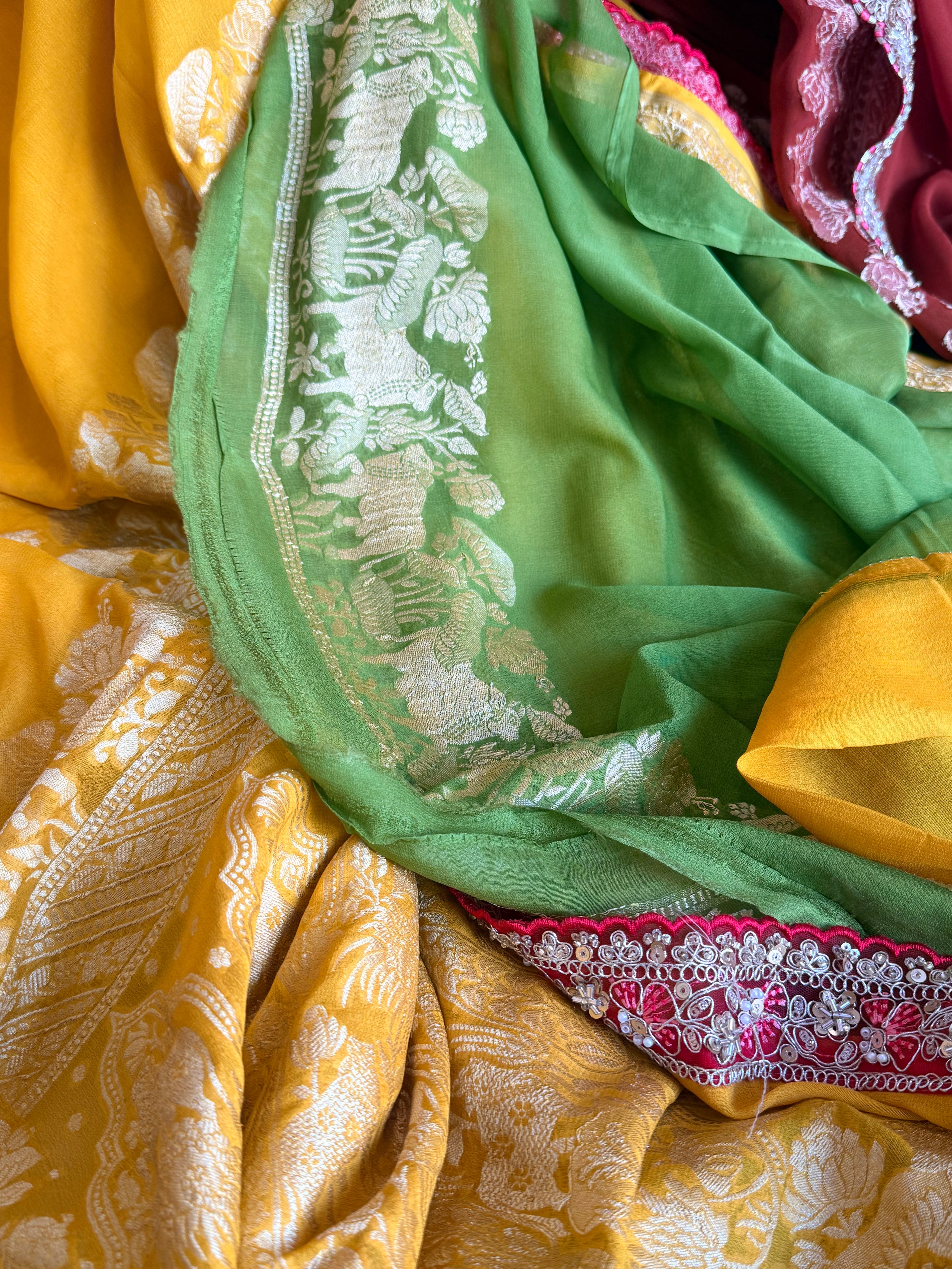 Haldi yellow shikargah kadhwa border chiffon gorgette banarasi saree