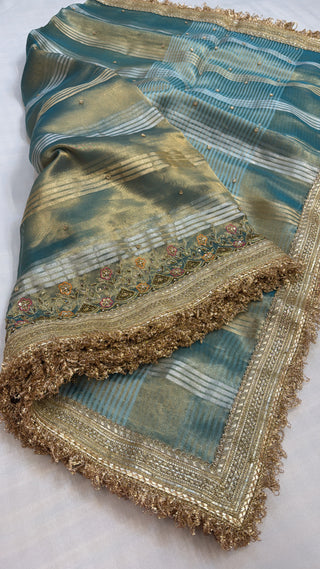 Cocktail wali saree — Water blue tissue silk striped heavy hand embroidered saree