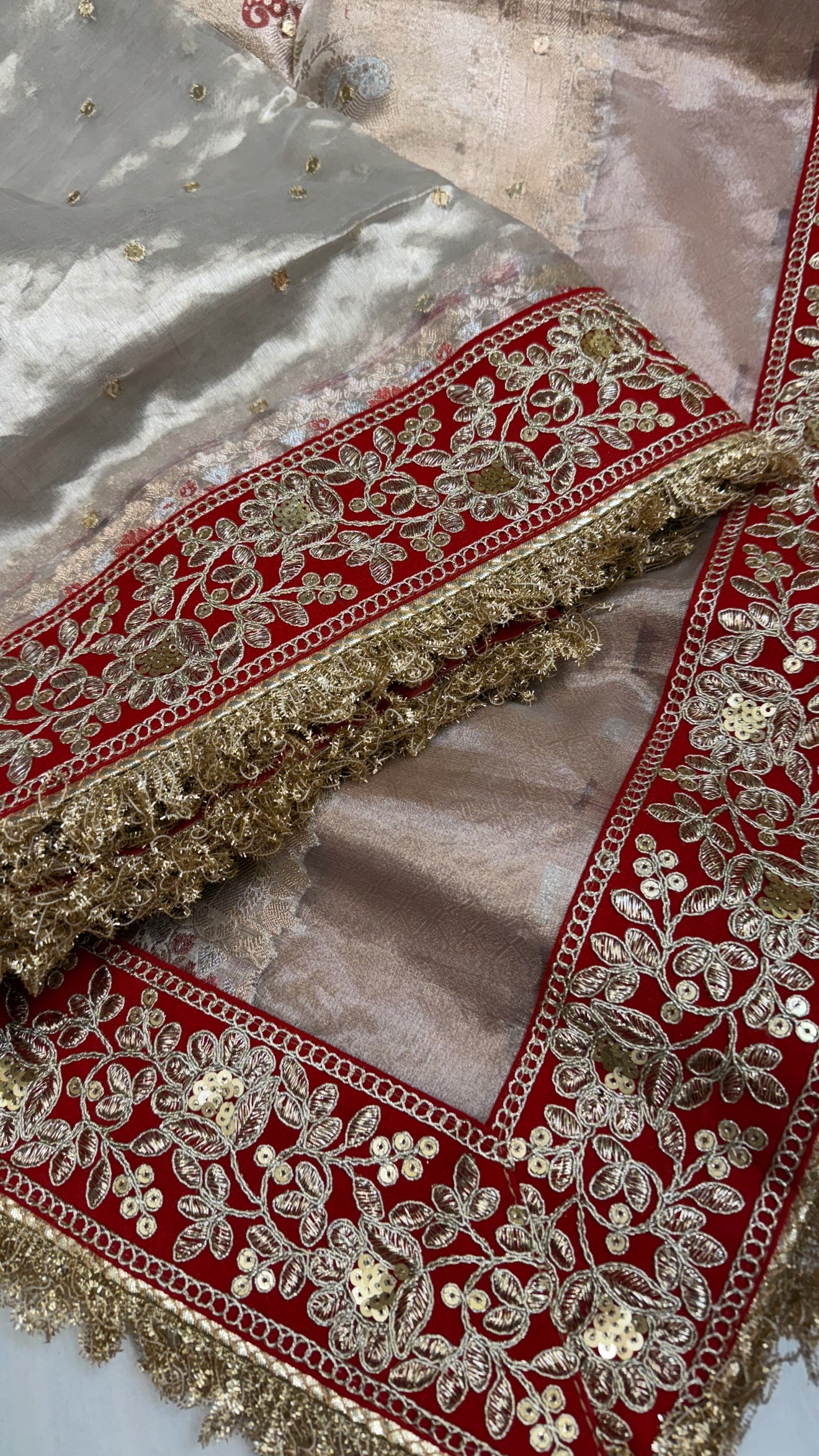 Diamond tissue silk chunri buti hand embroidered panetar saree