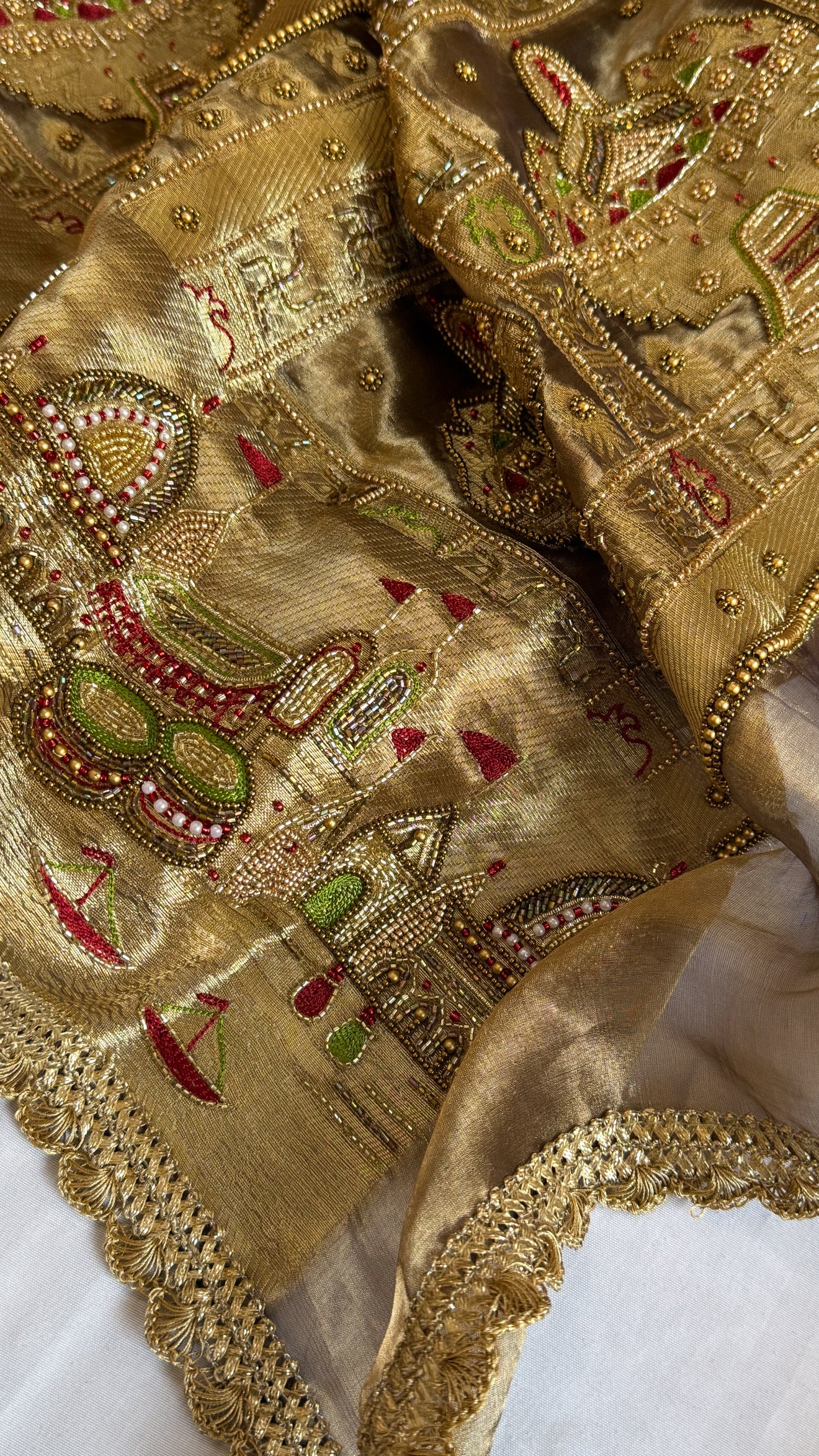 Gangaghat edit saree - Molten antique gold tissue silk meenakari hand embroidered kadhwa saree