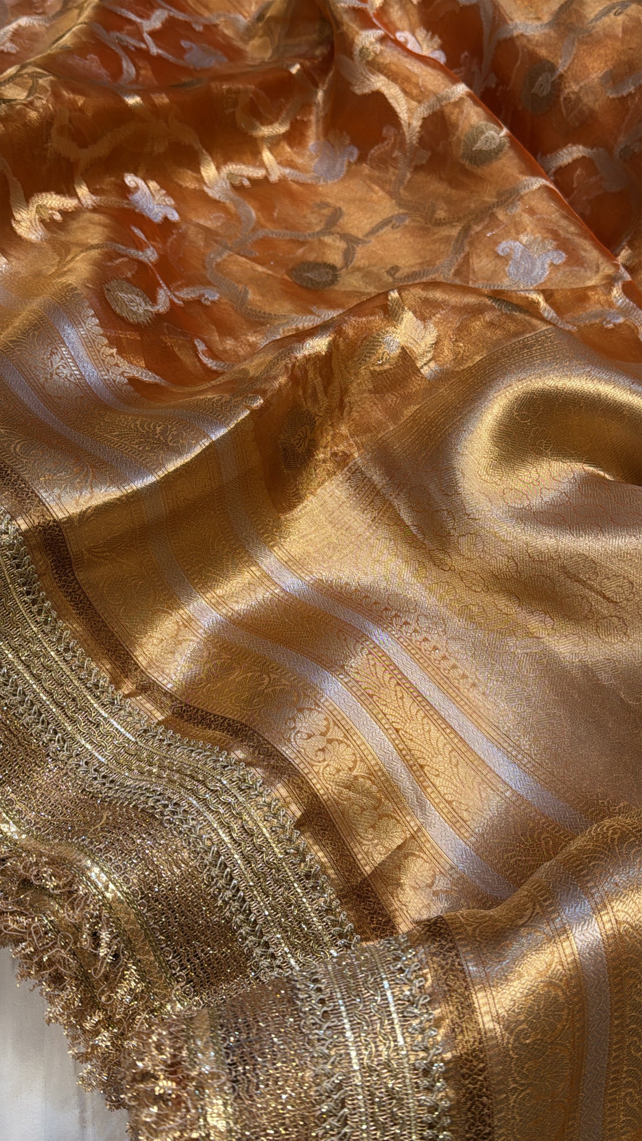 Fanta orange tissue silk kadhwa jungla meenakari tissue silk saree