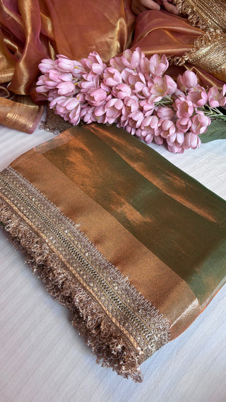 Pure Banarasi Copperish - green tissue silk kadhwa handwoven saree with gotapatti borders