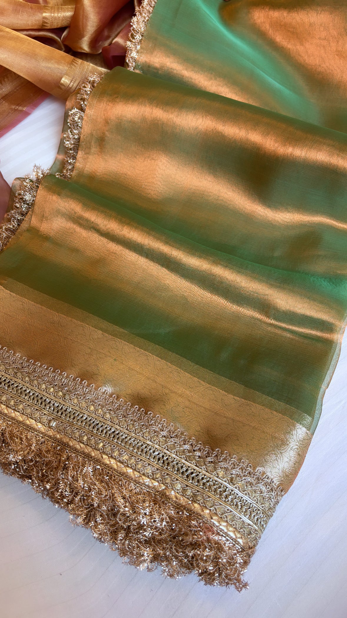 Pure Banarasi Copperish - green tissue silk kadhwa handwoven saree with gotapatti borders