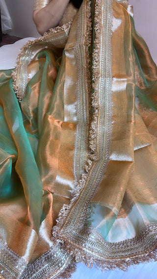 Pure Banarasi Copperish - green tissue silk kadhwa handwoven saree with gotapatti borders