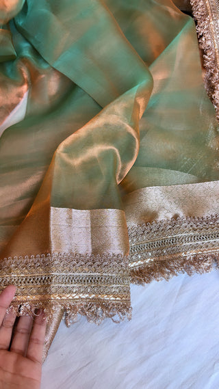 Pure Banarasi Copperish - green tissue silk kadhwa handwoven saree with gotapatti borders