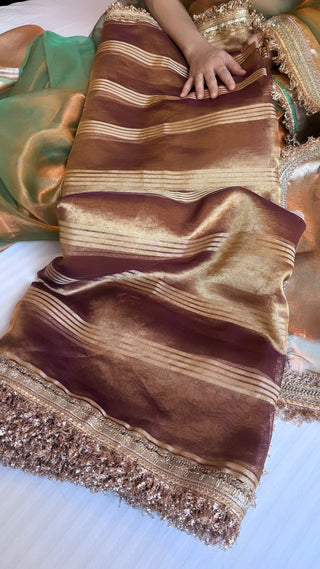 Pure banarasi purple - gold shade handwoven tissue silk kadhwa stripes weaving saree