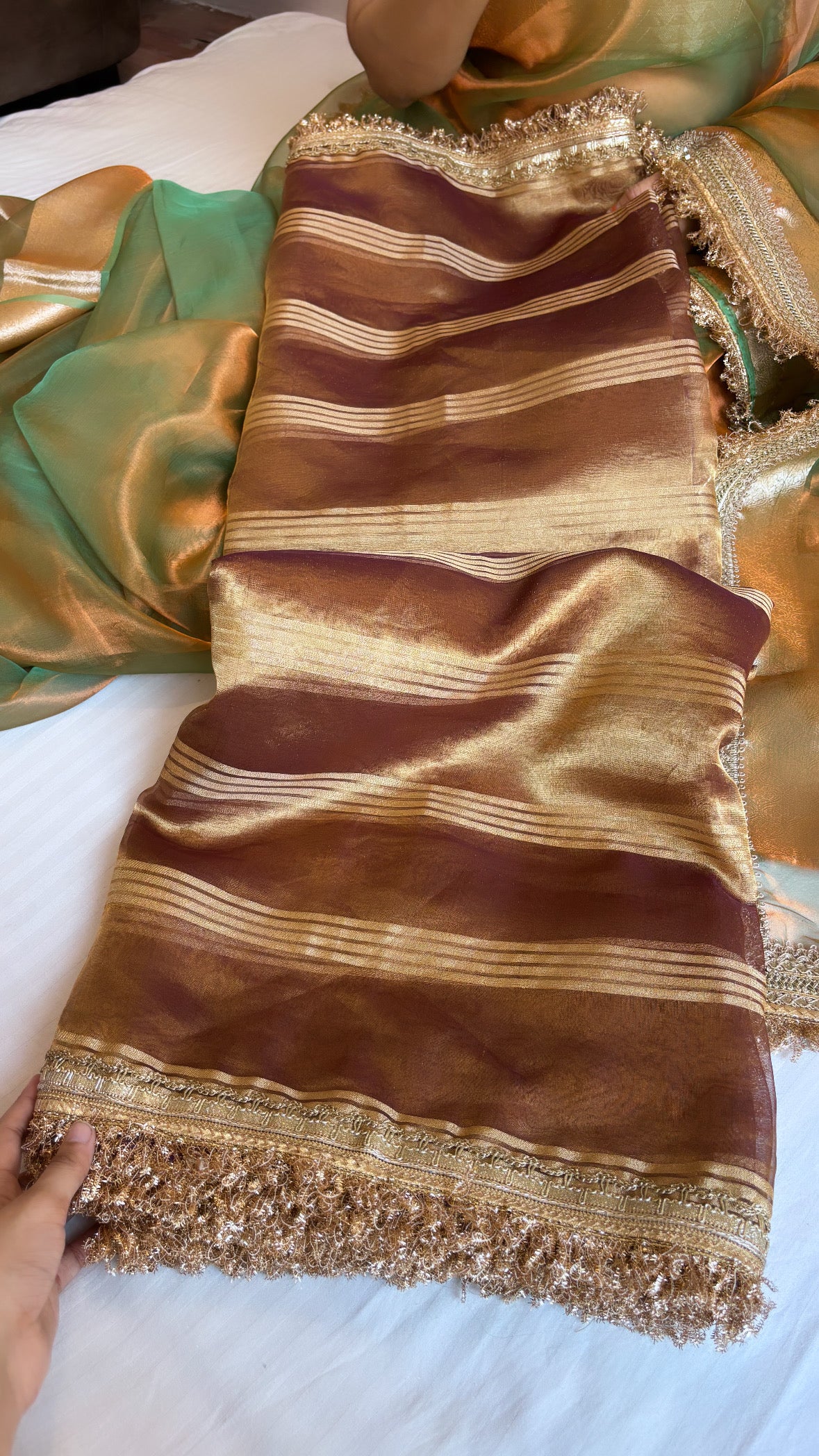 Pure banarasi purple - gold shade handwoven tissue silk kadhwa stripes weaving saree
