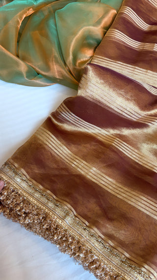 Pure banarasi purple - gold shade handwoven tissue silk kadhwa stripes weaving saree