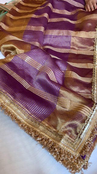 Pure banarasi purple - gold shade handwoven tissue silk kadhwa stripes weaving saree