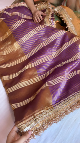 Pure banarasi purple - gold shade handwoven tissue silk kadhwa stripes weaving saree