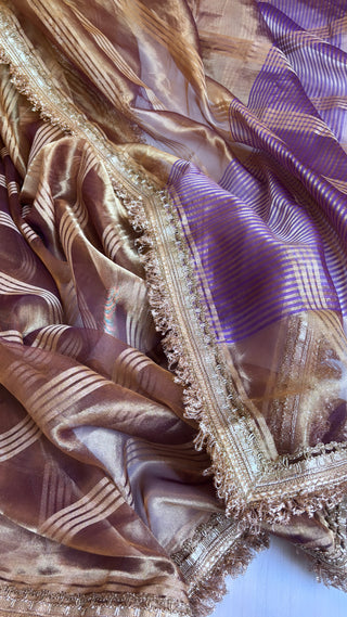 Pure banarasi purple - gold shade handwoven tissue silk kadhwa stripes weaving saree