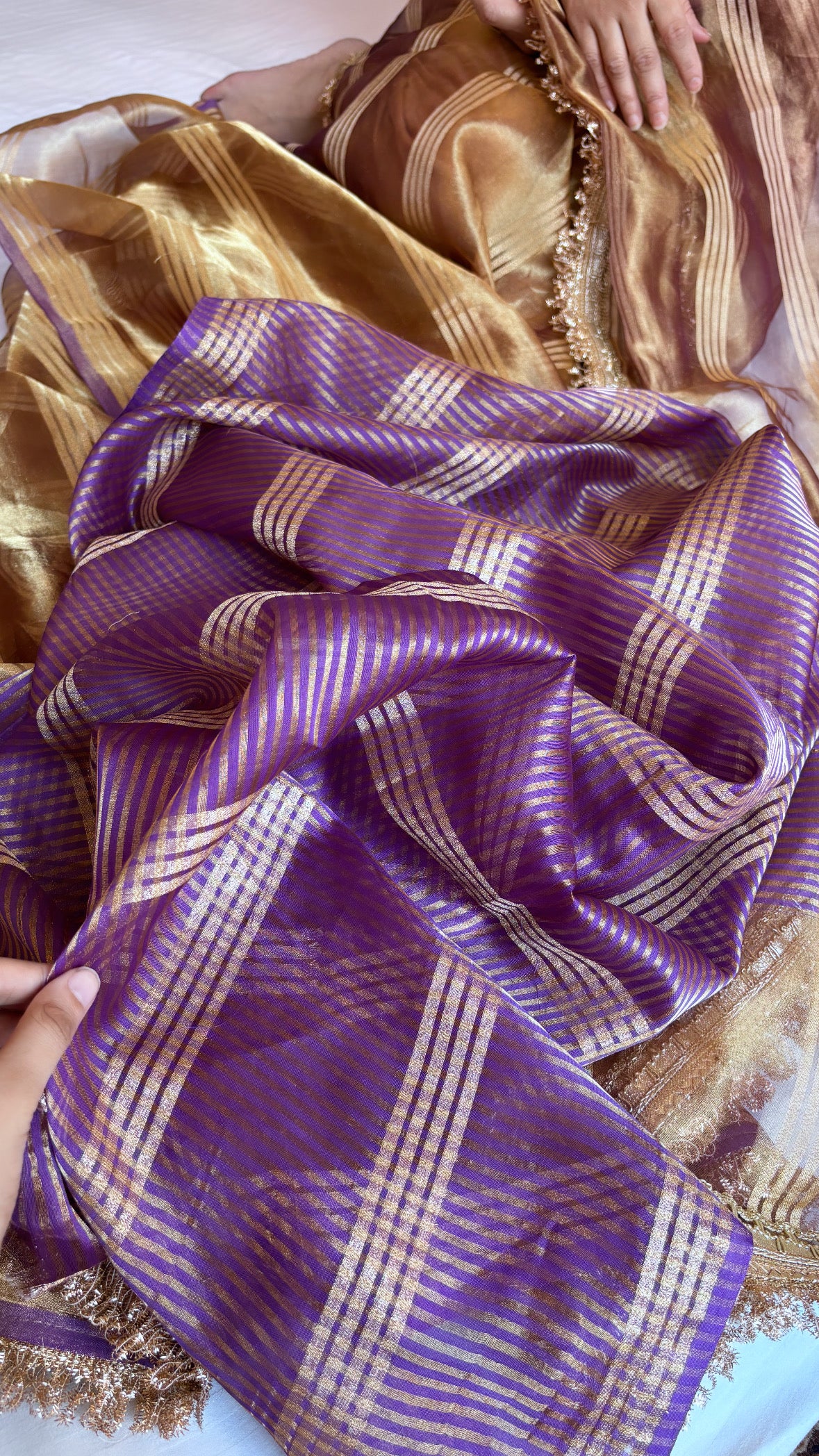 Pure banarasi purple - gold shade handwoven tissue silk kadhwa stripes weaving saree