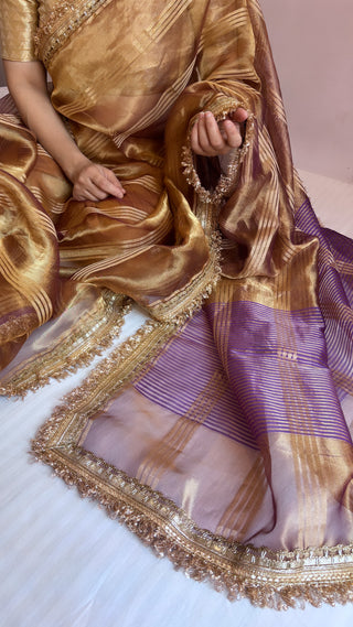 Pure banarasi purple - gold shade handwoven tissue silk kadhwa stripes weaving saree