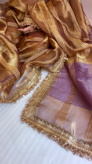 Pure banarasi purple - gold shade handwoven tissue silk kadhwa stripes weaving saree