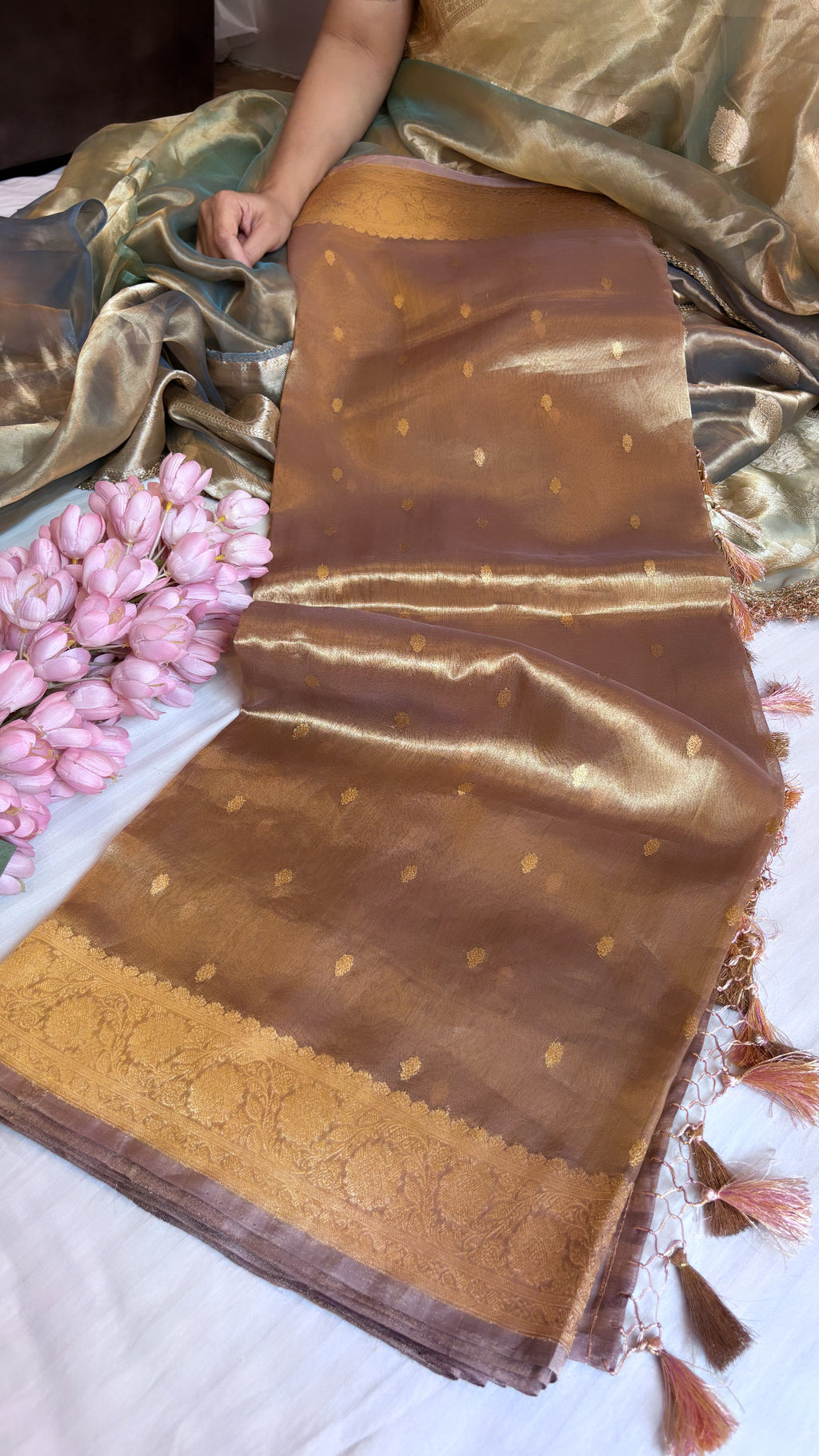 Pure banarasi rose gold tissue silk kadhwa buti handwoven saree ...