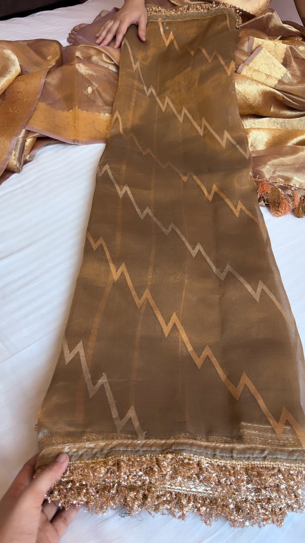 Pure banarasi antique gold tissue silk kadhwa jungla sona rupa handwoven saree with gotapatti borders